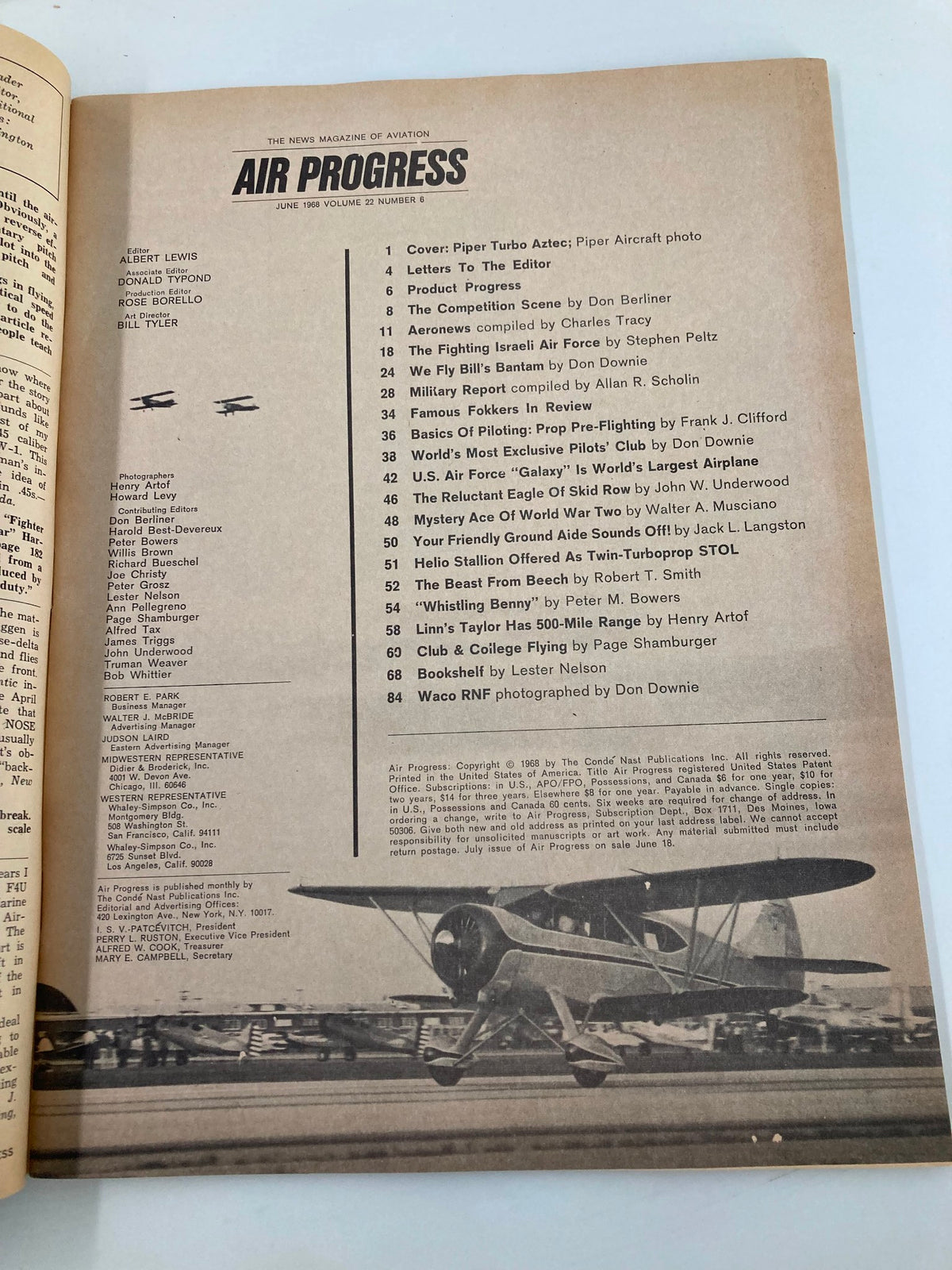Table of contents of VTG Air Progress Magazine June 1968 detailing articles, including features on the Israeli Air Force and World War II.