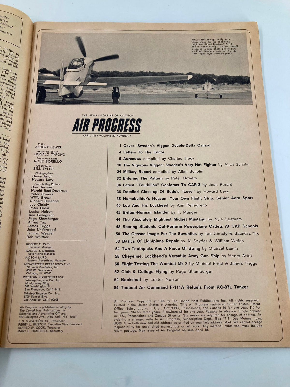 VTG Air Progress Magazine April 1968 featuring Sweden's 'Vlggen' Thunderbolt. Inside contents page showcasing articles and features related to aviation, including coverage of aircraft, flight testing, and engineering innovations from the 1960s.