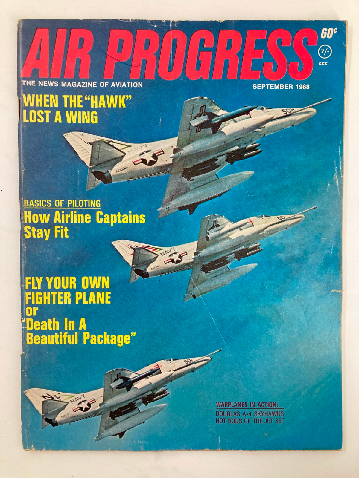 Cover of VTG Air Progress Magazine September 1968 featuring Douglas A-4 Skyhawks in flight, showcasing aviation history with the header text 'AIR PROGRESS' and articles on piloting and military aircraft.