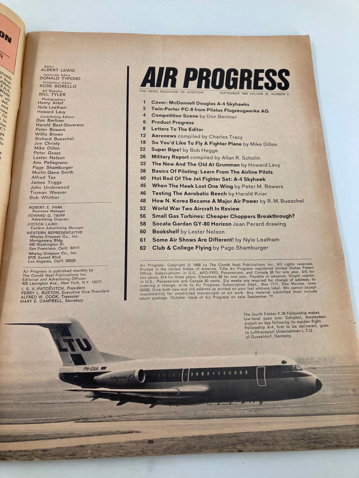 Interior page of VTG Air Progress Magazine September 1968 displaying the table of contents, highlighting features including McDonnell Douglas A-4 Skyhawks, competition scenes, and basic flying techniques.