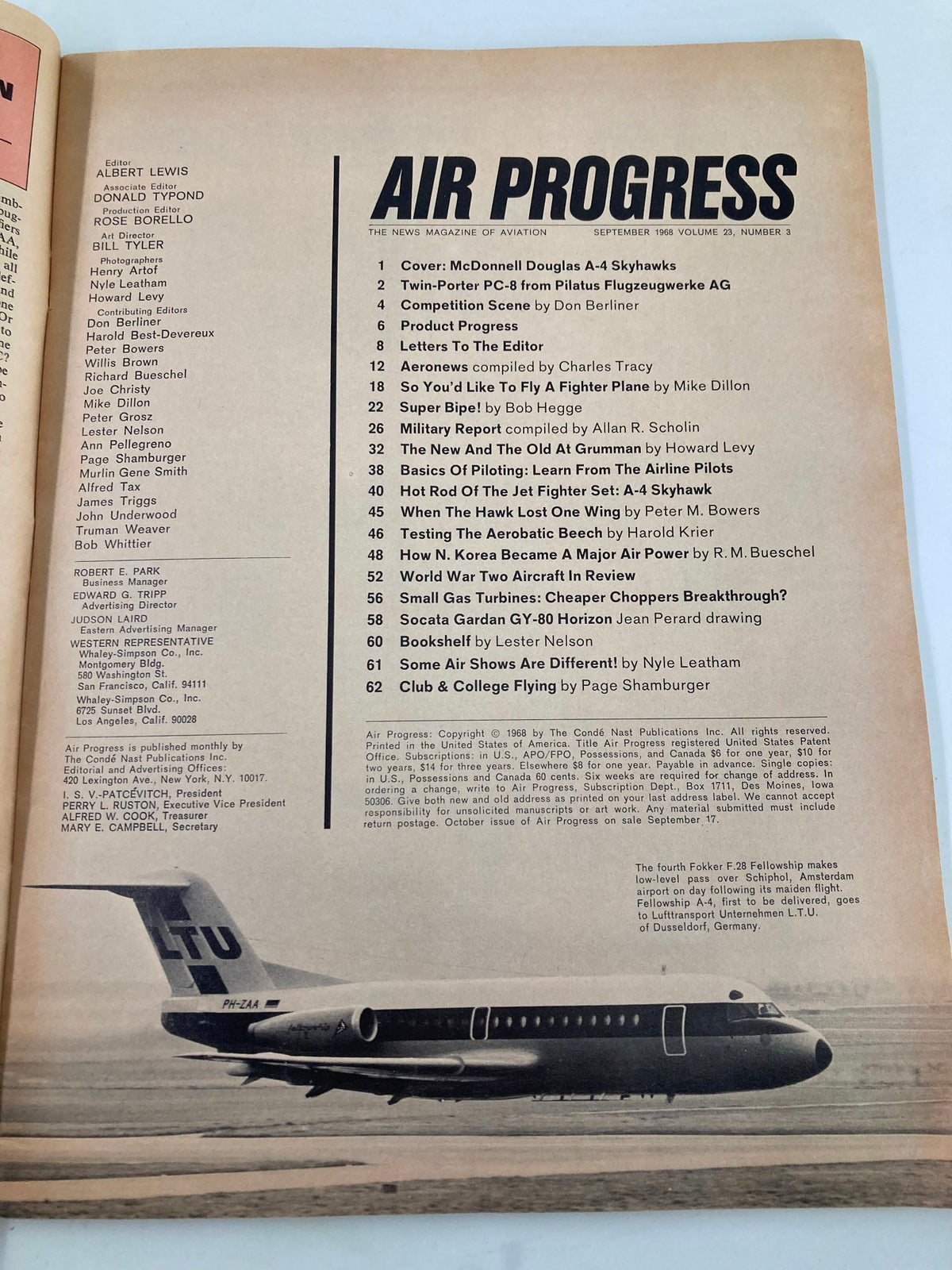 Inside page of VTG Air Progress Magazine September 1968 detailing features on Douglas A-4 Skyhawks and aviation articles.