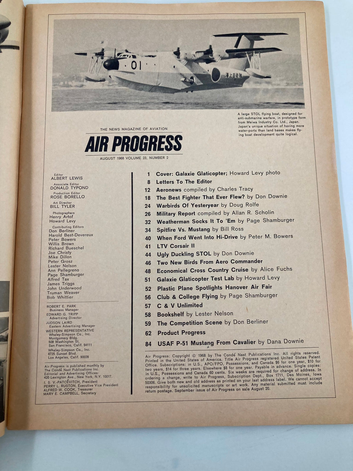 Contents page of VTG Air Progress Magazine August 1968 featuring a list of articles and illustrations, including coverage of the Single-Seat Glaticopter.