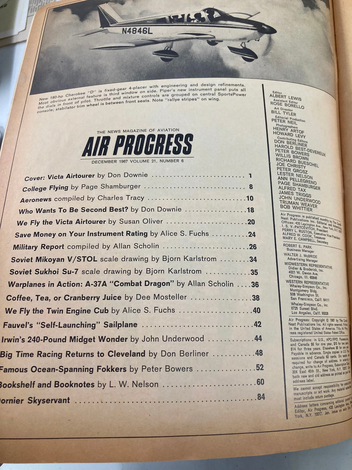 Interior page of the December 1967 Air Progress Magazine featuring the Victa Airtourer on the cover and a detailed table of contents, highlighting articles on aviation, celebrity Susan Oliver, and aviation advancements.