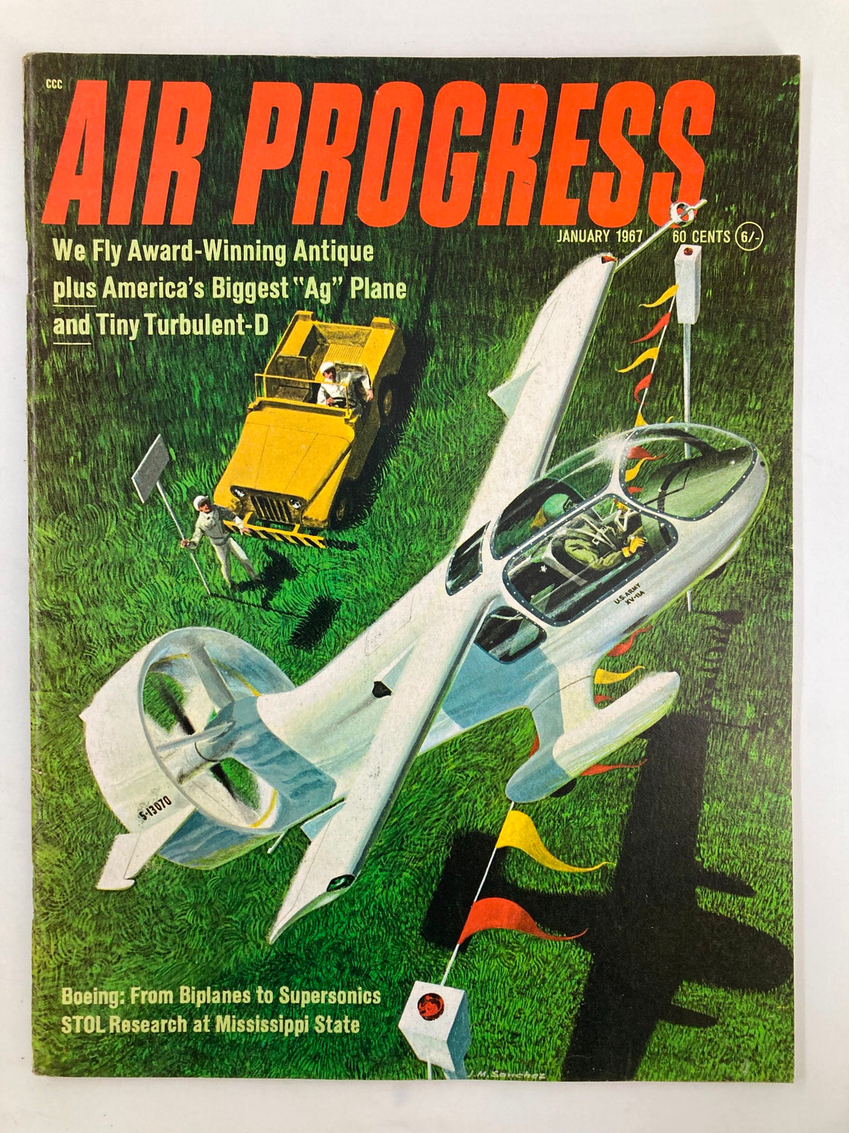 Cover of VTG Air Progress Magazine January 1967 featuring a unique aircraft design on a green grass background, highlighting aviation advancements from biplanes to supersonic jets. The magazine includes articles on award-winning antique flights and America's largest agricultural airplane.