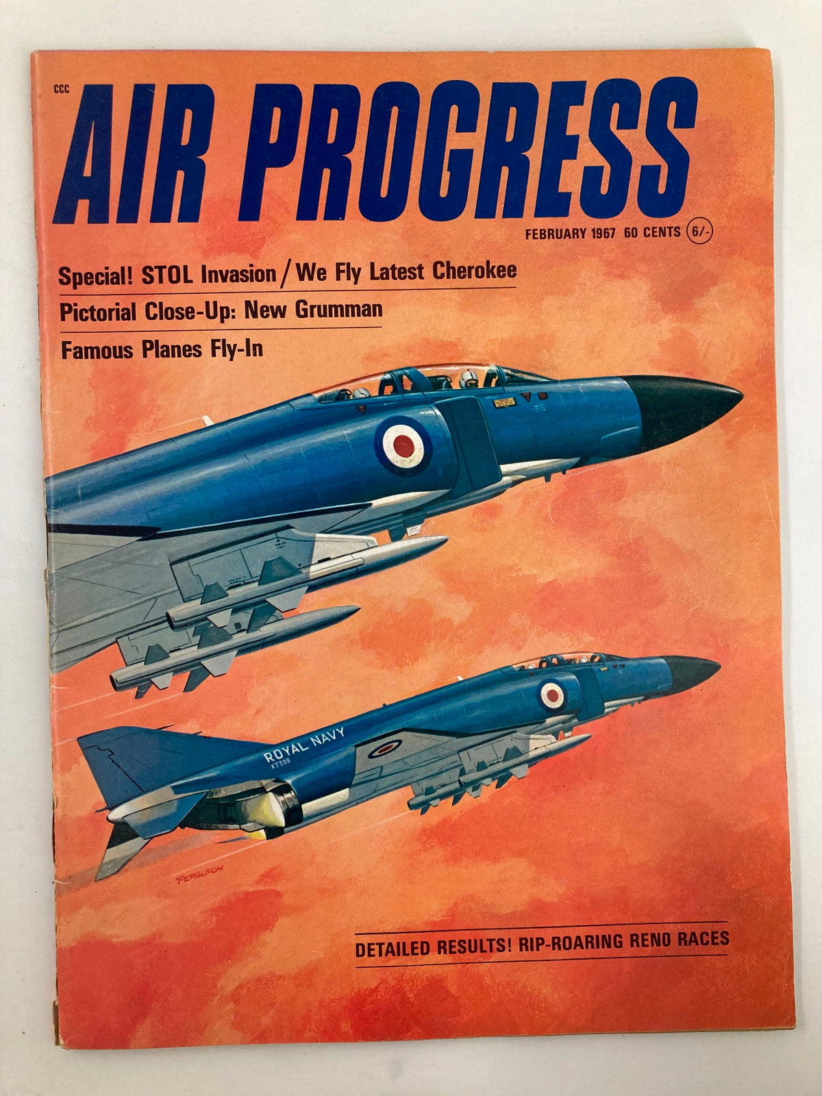 Cover of VTG Air Progress Magazine February 1967 featuring colorful illustration of military aircraft and promoting the Rip-Roaring Reno Races.