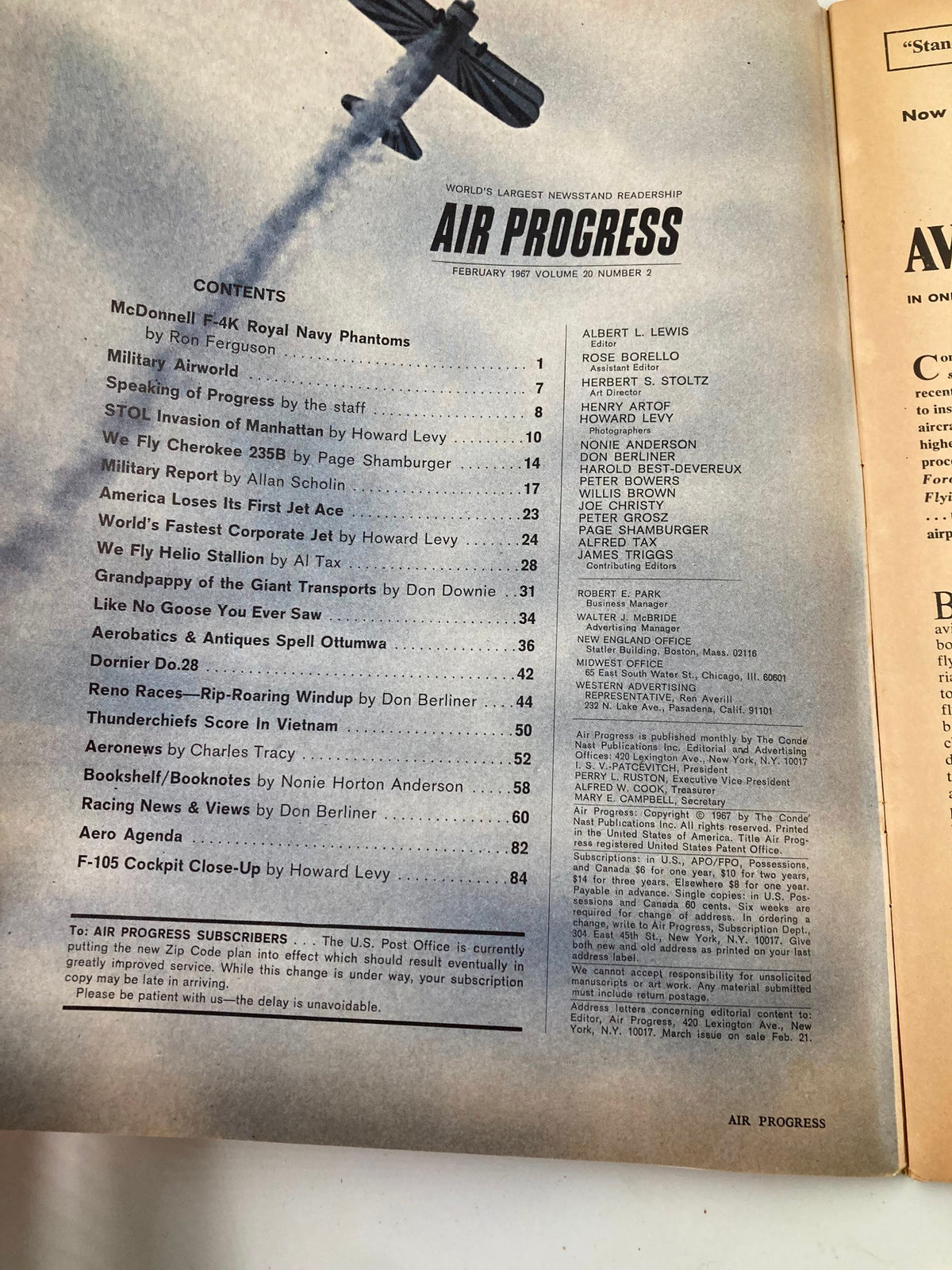 Inside content page of VTG Air Progress Magazine February 1967 displaying articles and features including military aviation and air racing.