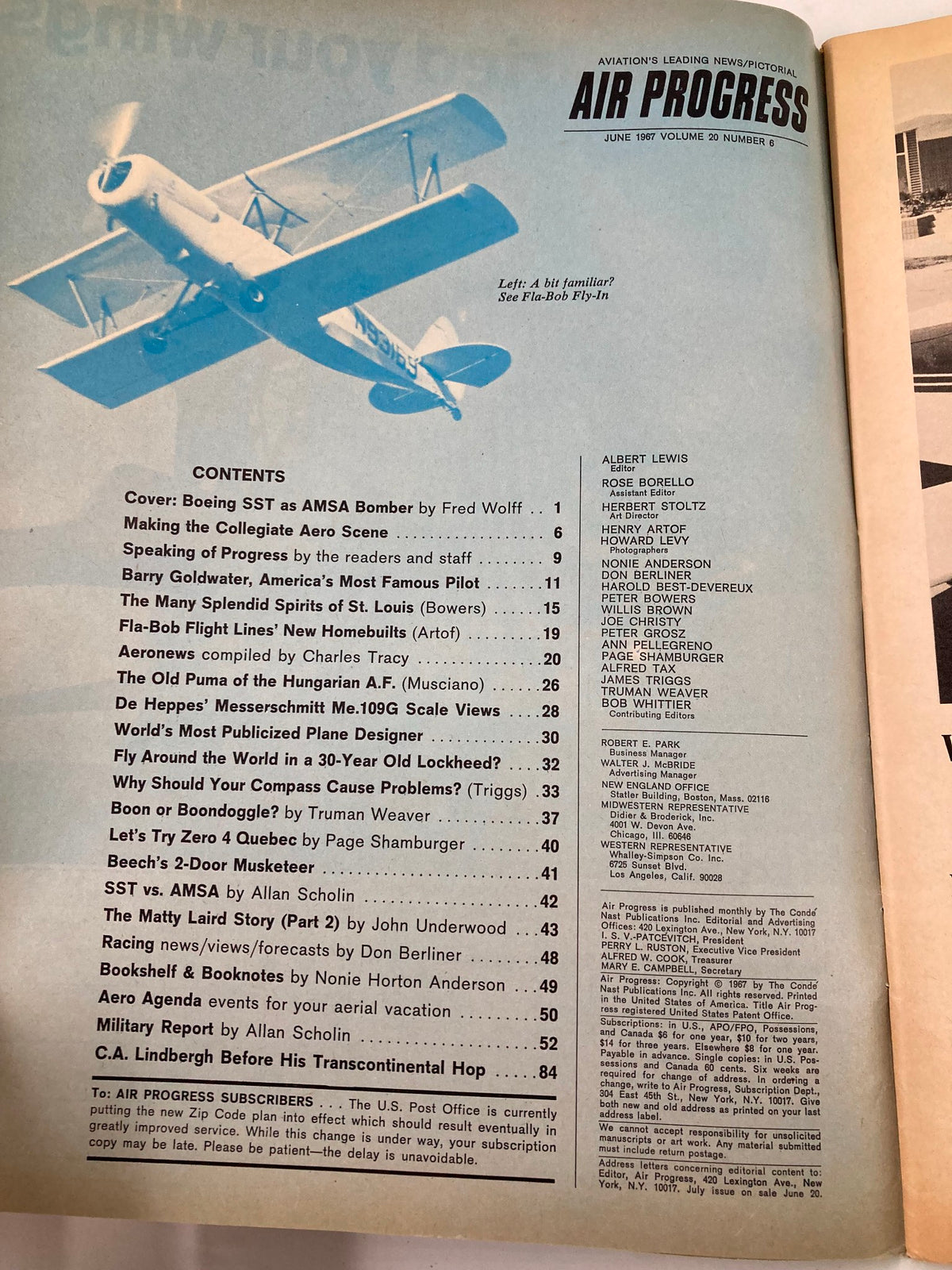 Contents page of VTG Air Progress Magazine June 1967, detailing articles including Boeing SST, Barry Goldwater, and various aviation topics.