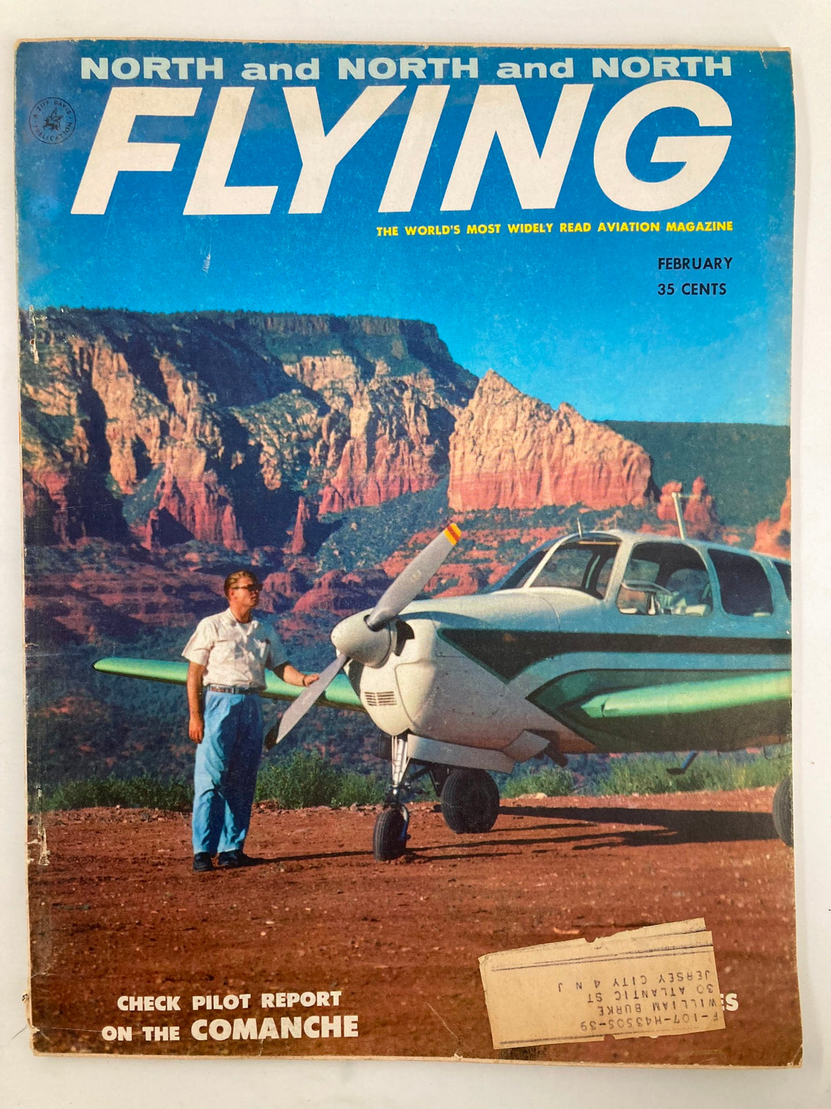 Cover of VTG Flying Magazine February 1958 featuring pilot Tom Patton with a Beechcraft Bonanza against a scenic backdrop.