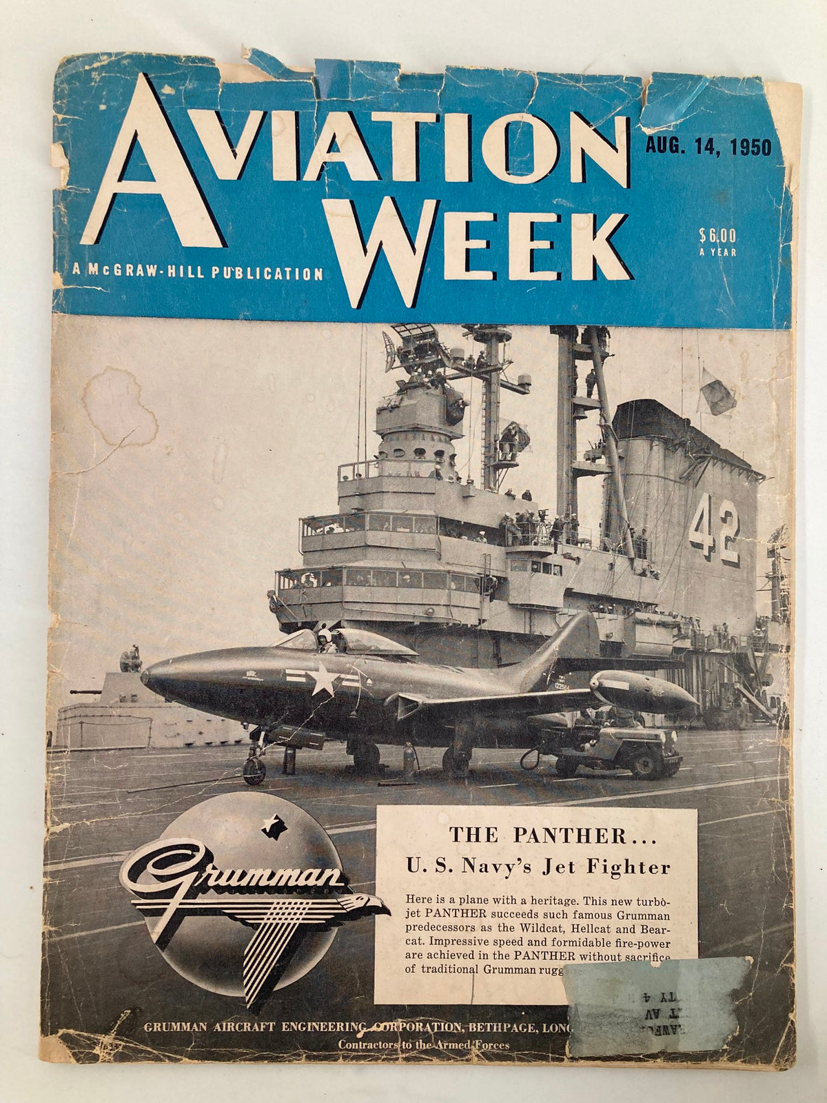 Cover of VTG Aviation Week Magazine August 14 1950 featuring The Panther, U.S. Navy's Jet Fighter, showcasing the aircraft and a ship's deck.