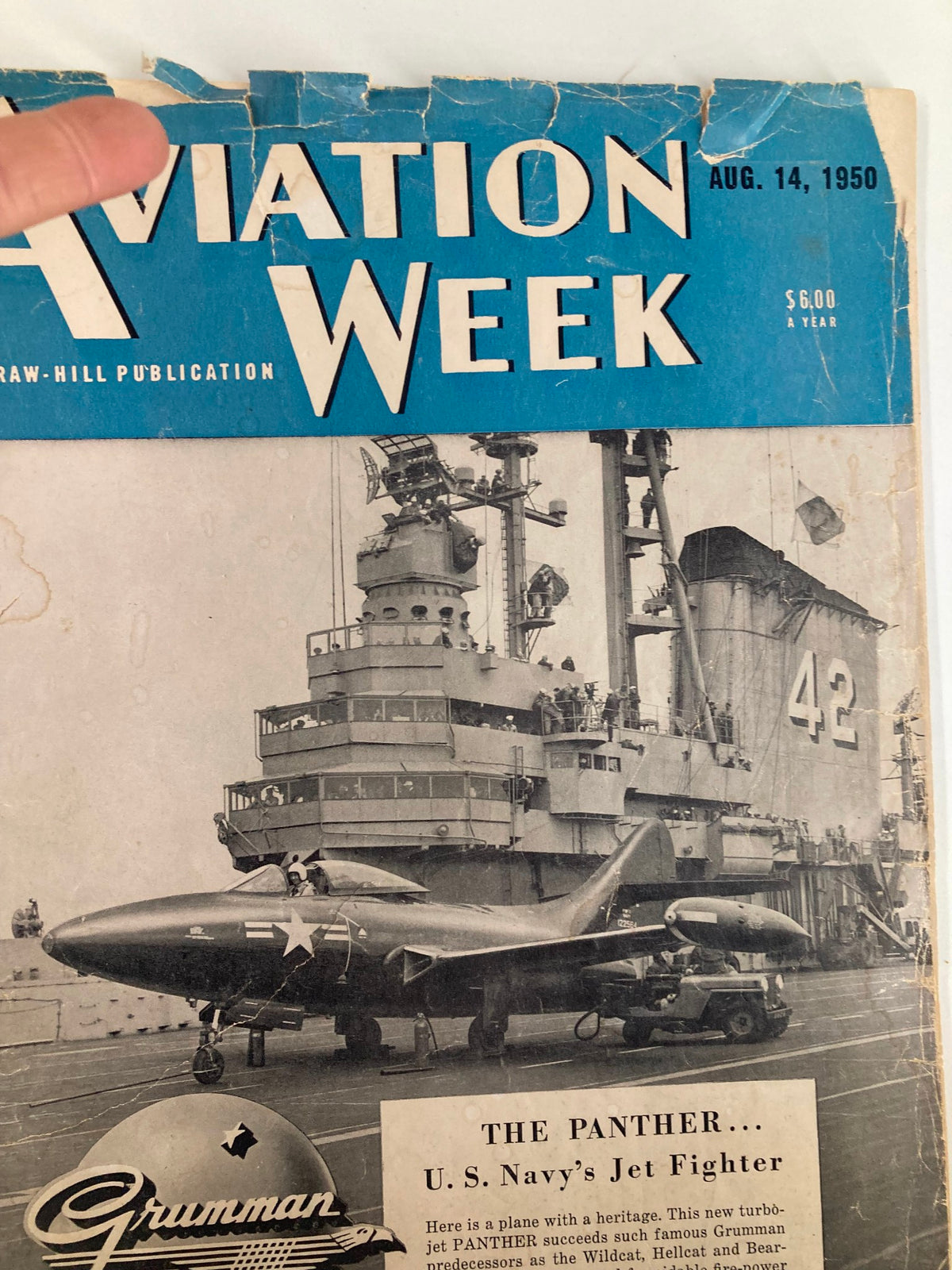 Close-up view of VTG Aviation Week Magazine August 14 1950 cover highlighting The Panther, U.S. Navy's Jet Fighter, with visible age wear.