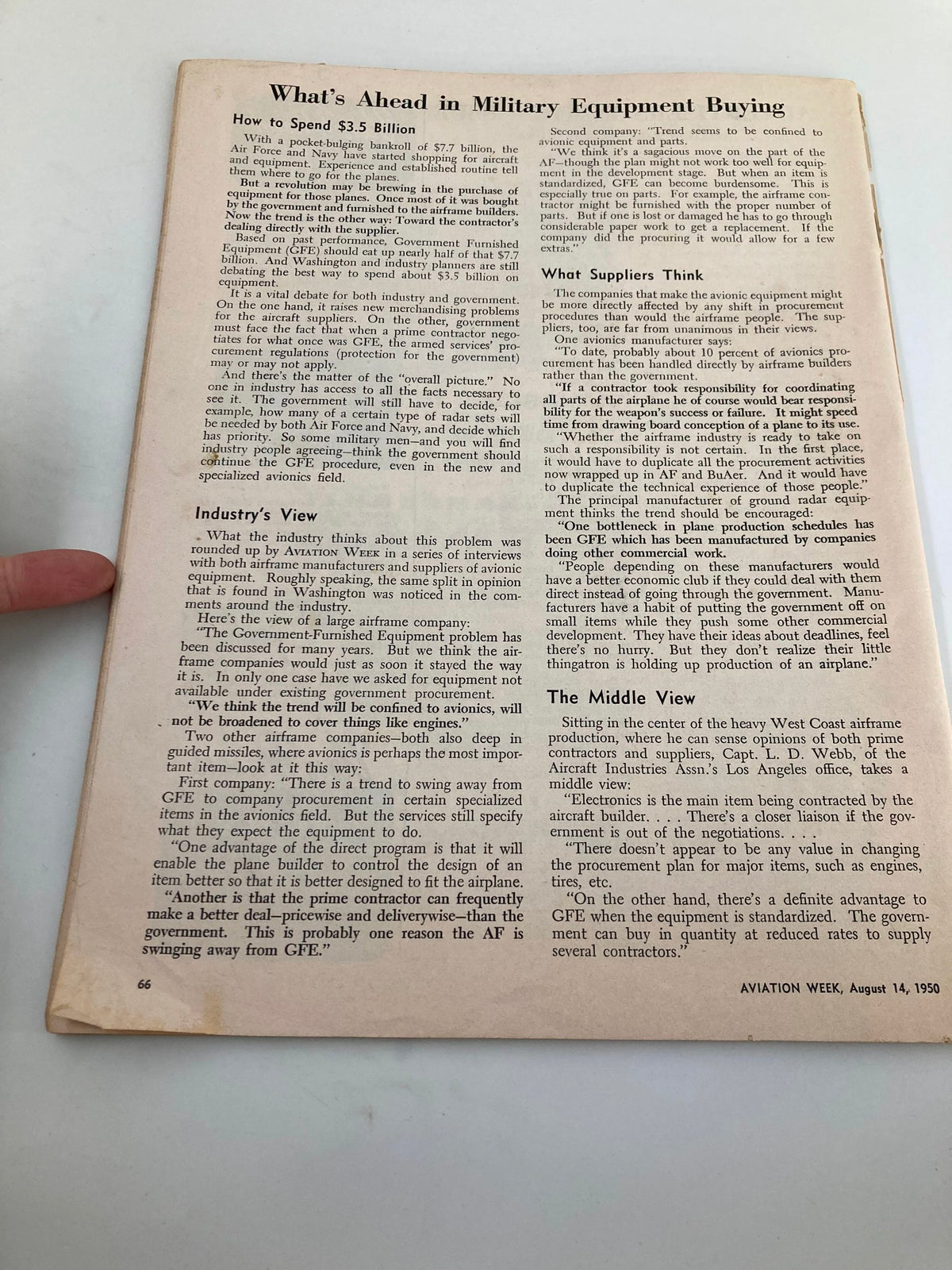 Page from the VTG Aviation Week Magazine August 14 1950 showcasing an article on military equipment buying, highlighting insights from industry perspectives.