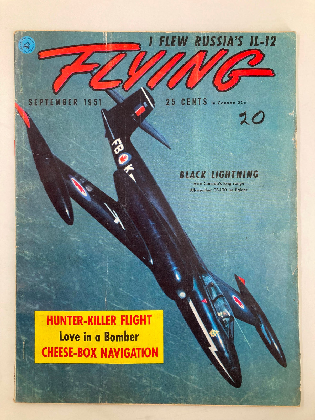 Cover of VTG Flying Magazine from September 1951 featuring the Black Lightning CF-100 Jet Fighter, showcasing bold colors and historical aviation content.