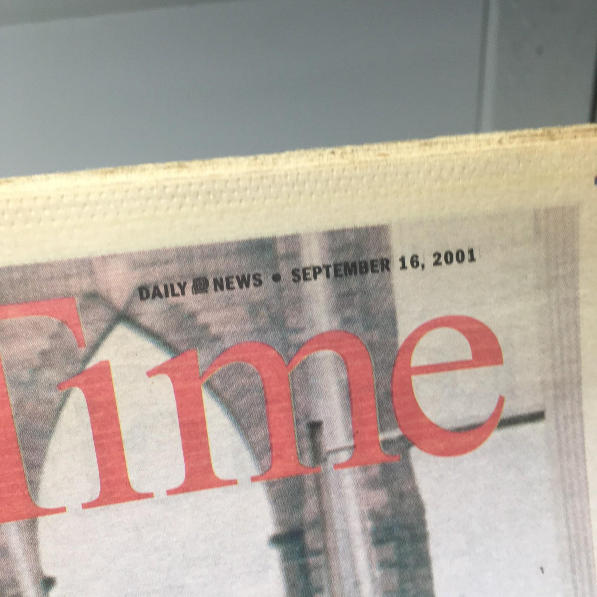 Detail of the date on New York Daily News, September 16, 2001, showcasing its publication amidst historical events.