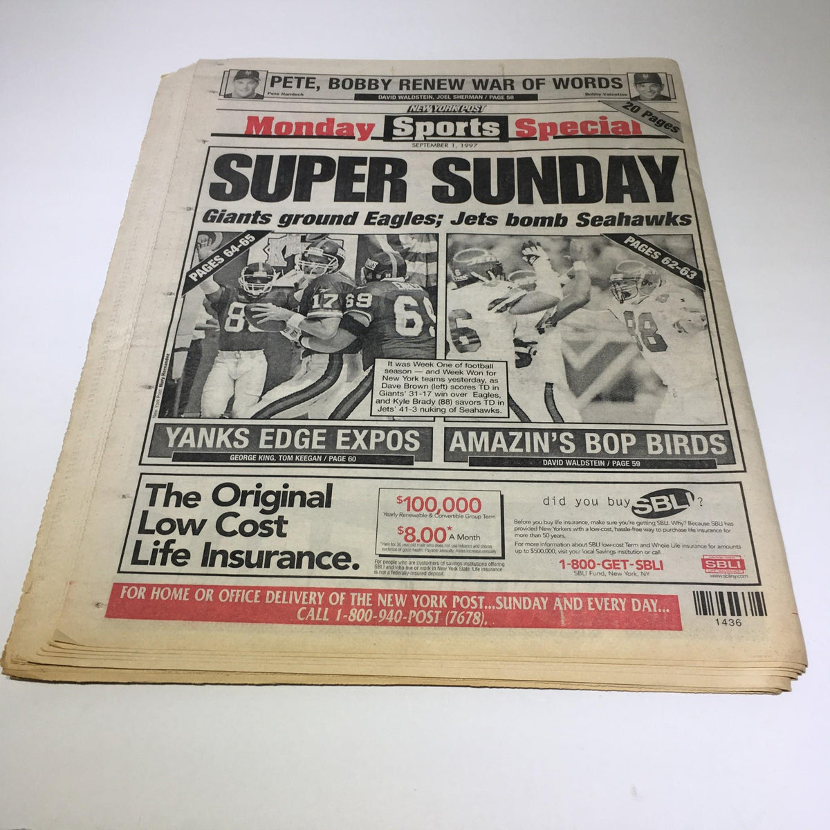 New York Post: Sept 1 1997 Sea Of Grief World Mourns The People's Princess Diana, featuring a Monday Sports Special section with headlines about Super Sunday and NFL matchups.