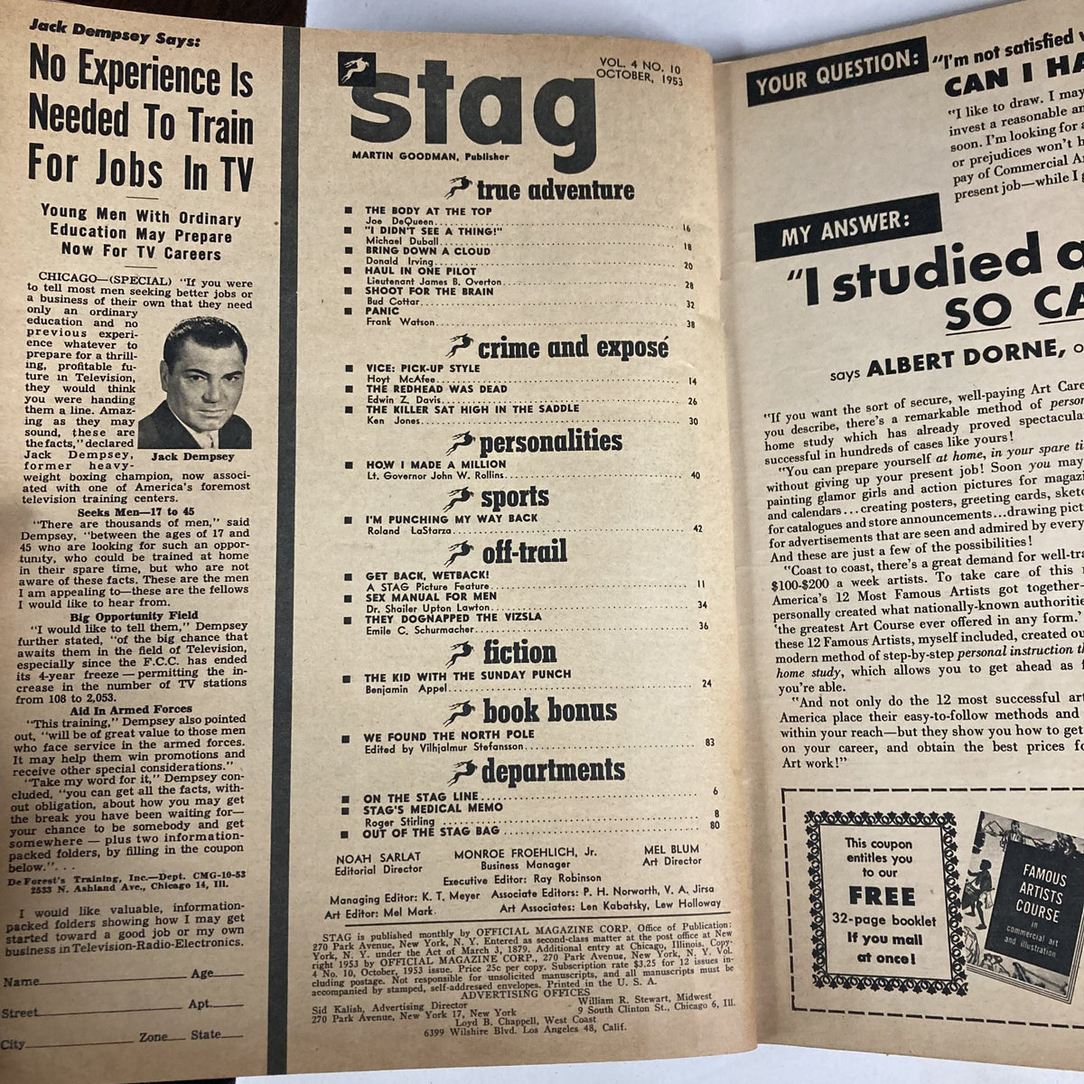 Inside page of VTG Stag Magazine October 1953, Volume 4, Number 10 showcasing the table of contents and articles including 'We Found The North Pole', reflecting the magazine's theme of true adventure.