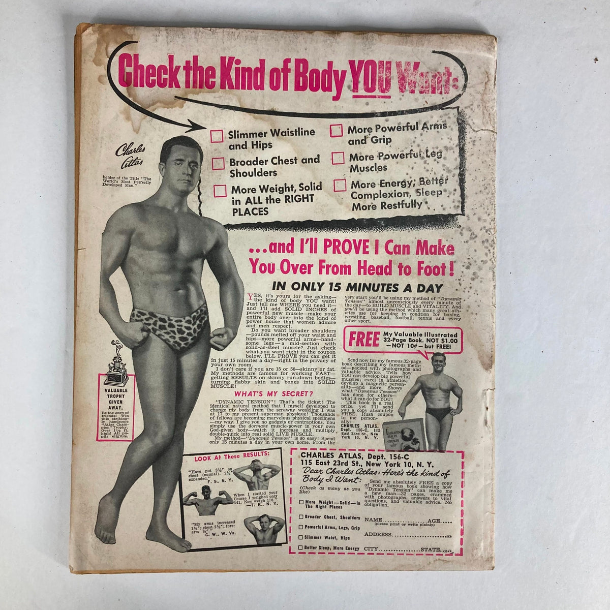 Back cover of VTG Sir! Magazine April 1957 Vol 14 No 2 featuring an advertisement for a fitness program and promoting body transformation.