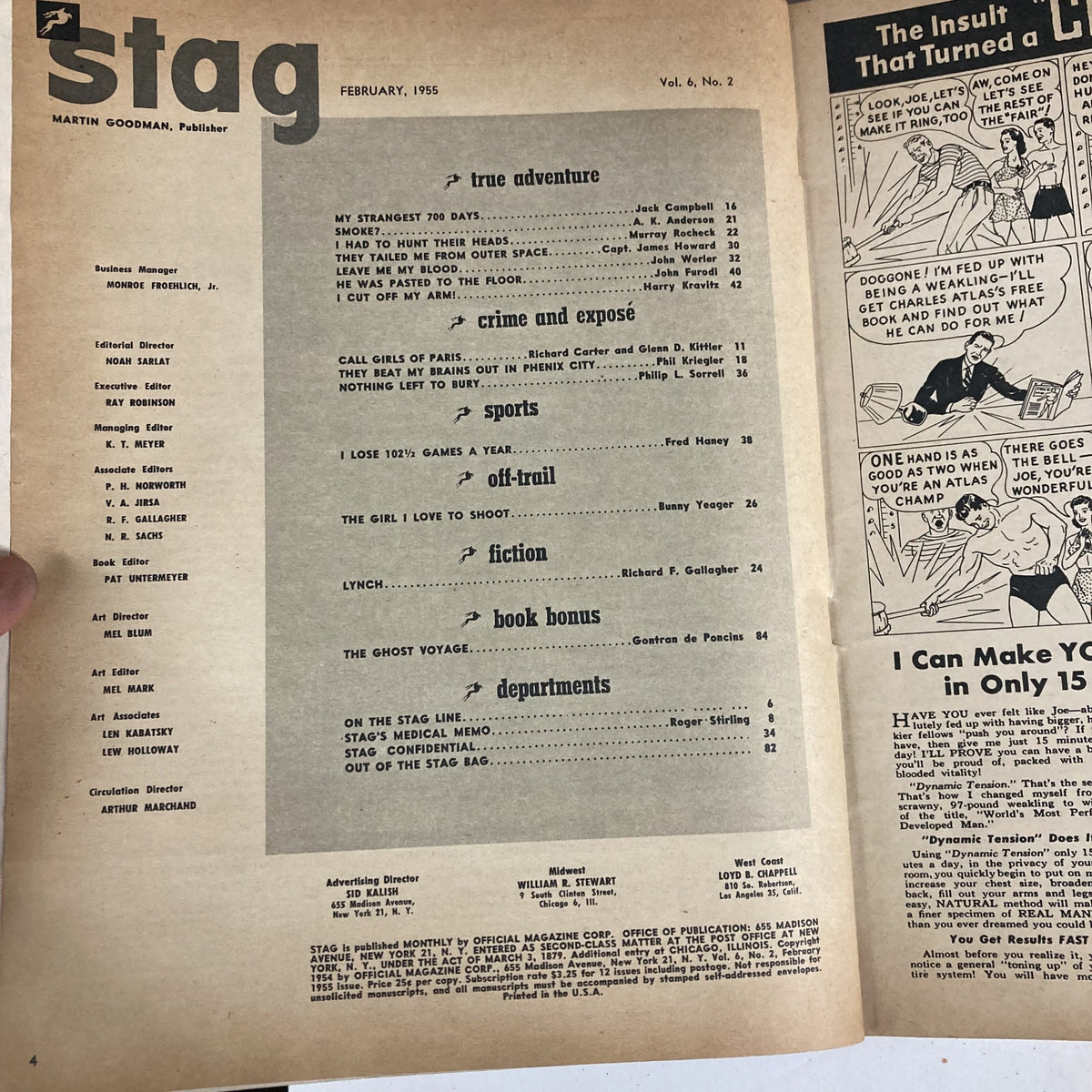 Interior page of VTG Stag Magazine February 1955 Vol 6 No. 2 displaying the table of contents including various features like 'True Adventure' and 'Crime and Exposé'.