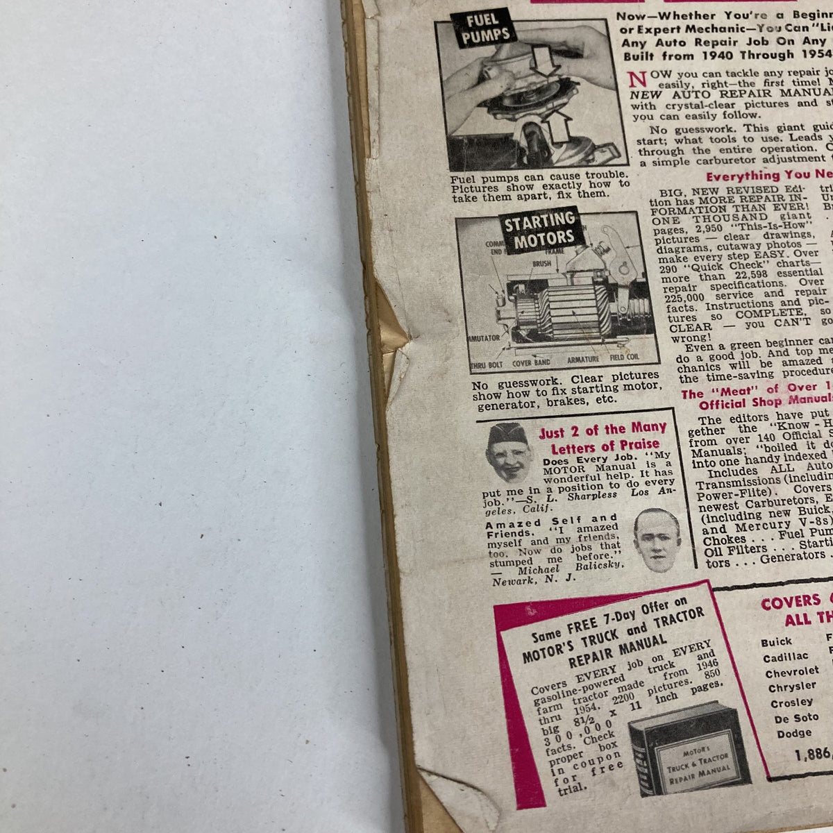 Back cover of VTG Stag Magazine February 1955 Vol 6 No. 2 showcasing advertisements for automotive repair manuals, illustrating vintage magazine advertising style.