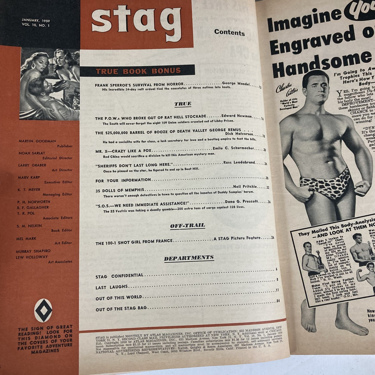 Inside page of VTG Stag Magazine January 1959 Vol 10 No. 1 featuring the table of contents with articles on survival, adventure, and various 1950s topics.