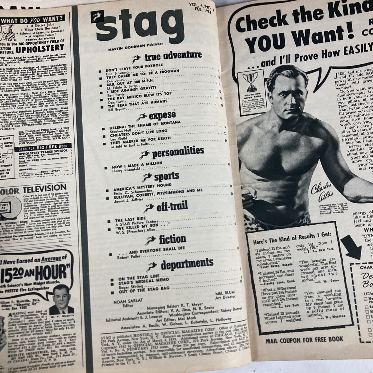 Inside page of the VTG Stag Magazine February 1953 Vol 4 No. 2 showing the table of contents and various section titles.