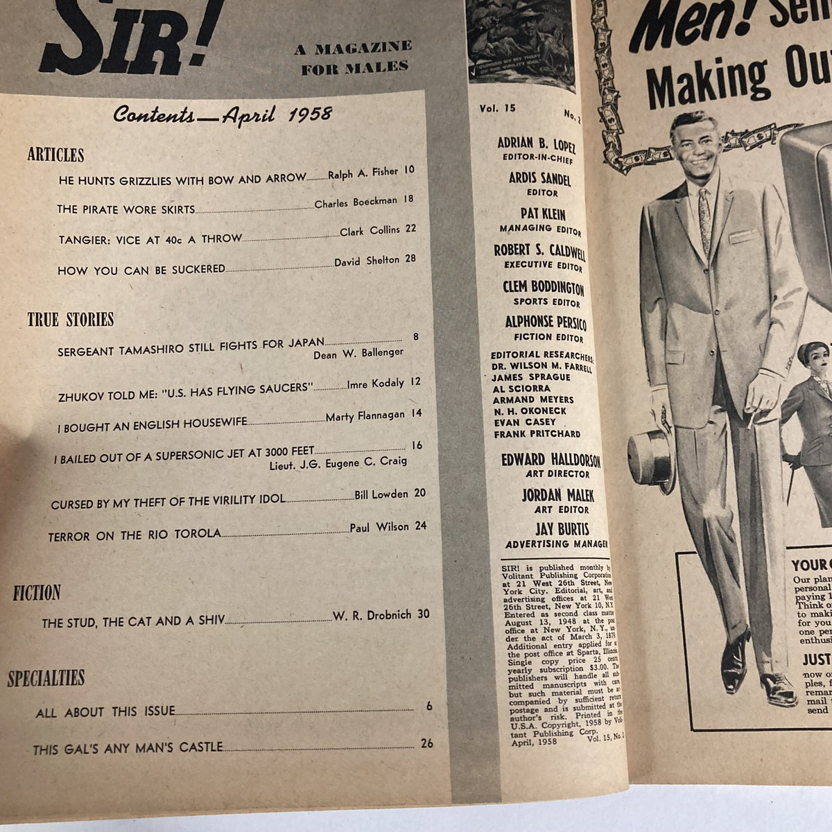 Inside contents page of VTG Sir! Magazine April 1958 Vol 15 No. 2 displaying a list of articles and features, including 'I Bought an English Housewife' and 'Cursed by My Theft of the Virility Idol'.