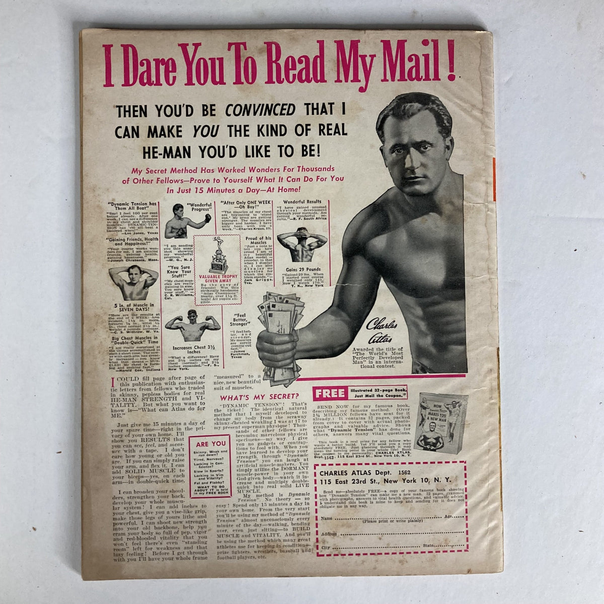 Back cover of VTG Sir! Magazine February 1958 featuring an advertisement with a muscular man promoting a fitness program.