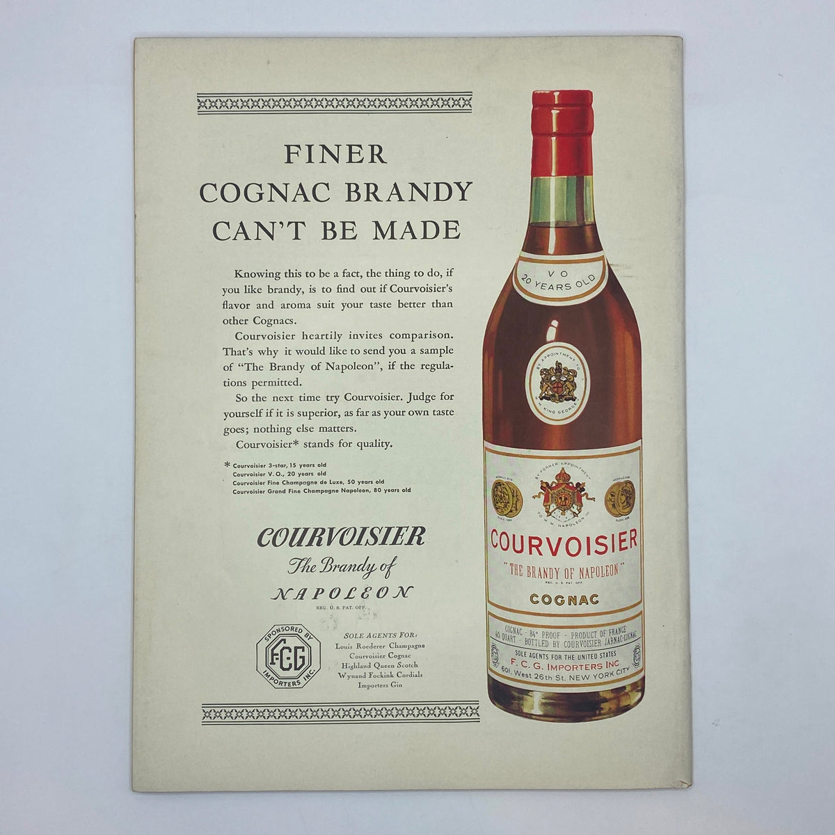 Advertisement for Courvoisier cognac in The New Yorker Complete Magazine April 11, 1936, emphasizing the quality of their brandy as ‘The Brandy of Napoleon’.