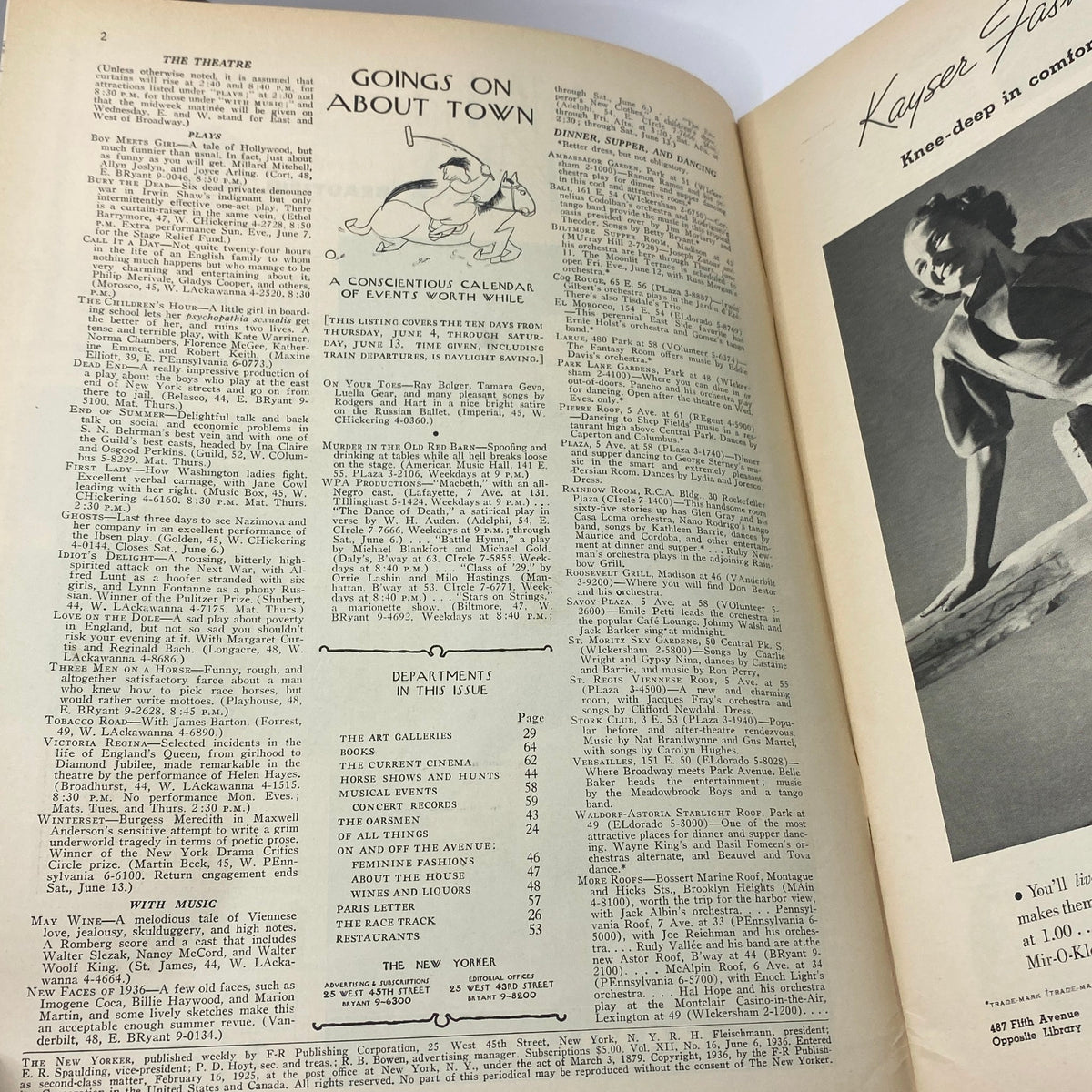 Inside page of The New Yorker Complete Magazine June 6, 1936 featuring theater listings and events. A glimpse into cultural life from the 1930s.