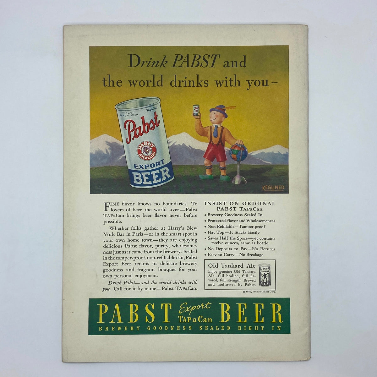 Pabst Export Beer advertisement showcasing a child holding a beer can with mountains in the background, from The New Yorker Complete Magazine June 6, 1936.