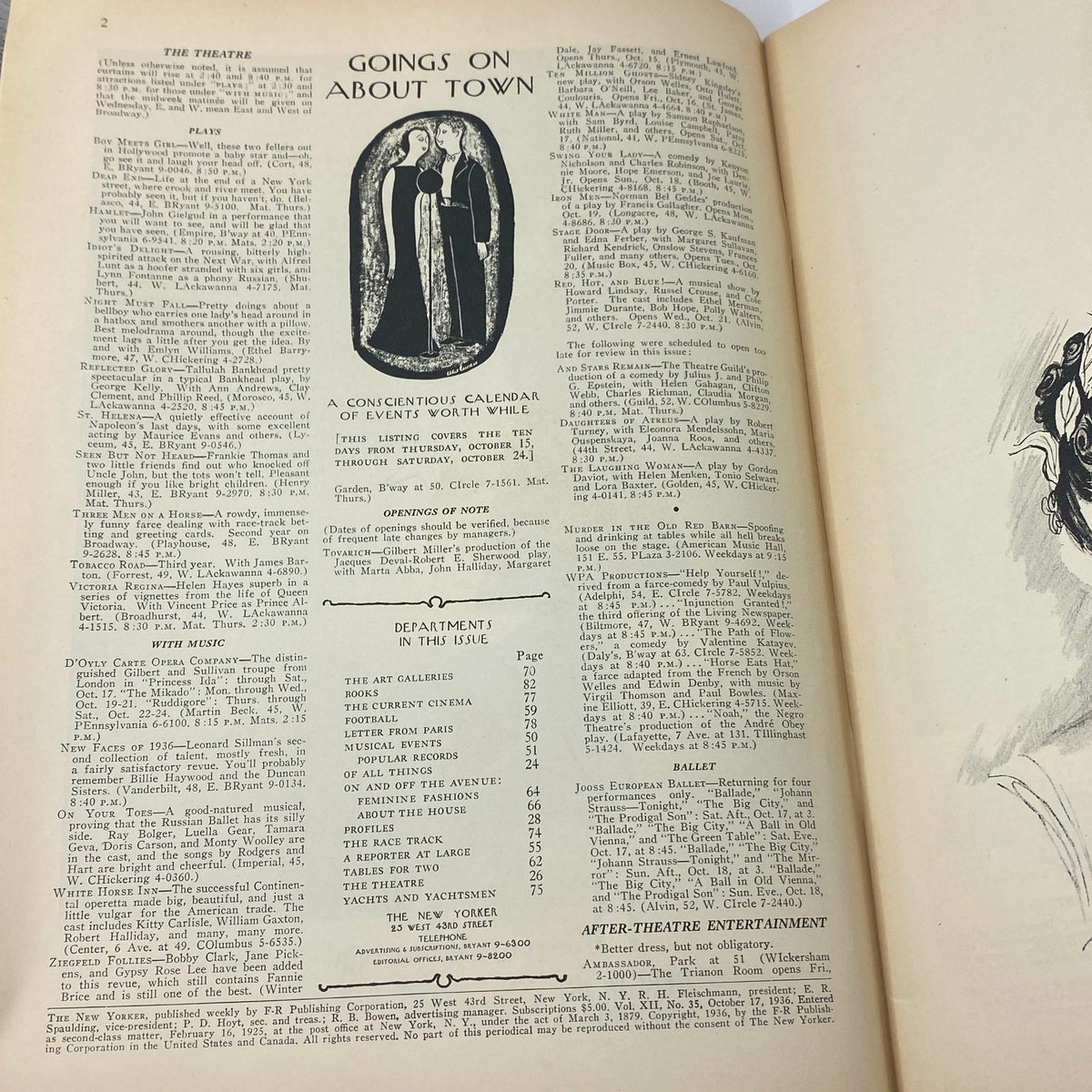 Interior page of The New Yorker Complete Magazine October 17, 1936, featuring a cultural calendar and theatrical listings showcasing events in New York City during the 1930s.