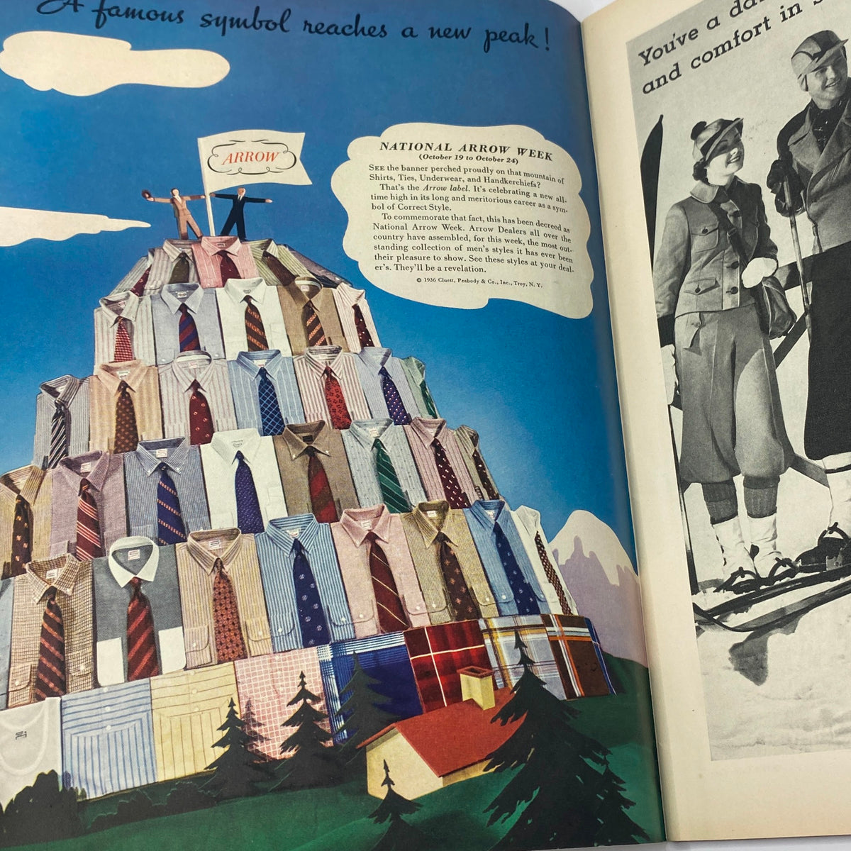 Advertisement page from The New Yorker Complete Magazine October 17, 1936, showcasing a colorful display of shirts and ties for National Arrow Week, highlighting men’s fashion trends of the 1930s.