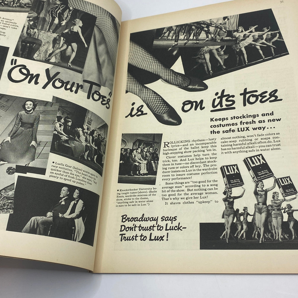 Page featuring advertising for Lux soap with a focus on Broadway performances from The New Yorker Complete Magazine June 13, 1936, highlighting the importance of keeping costumes fresh.