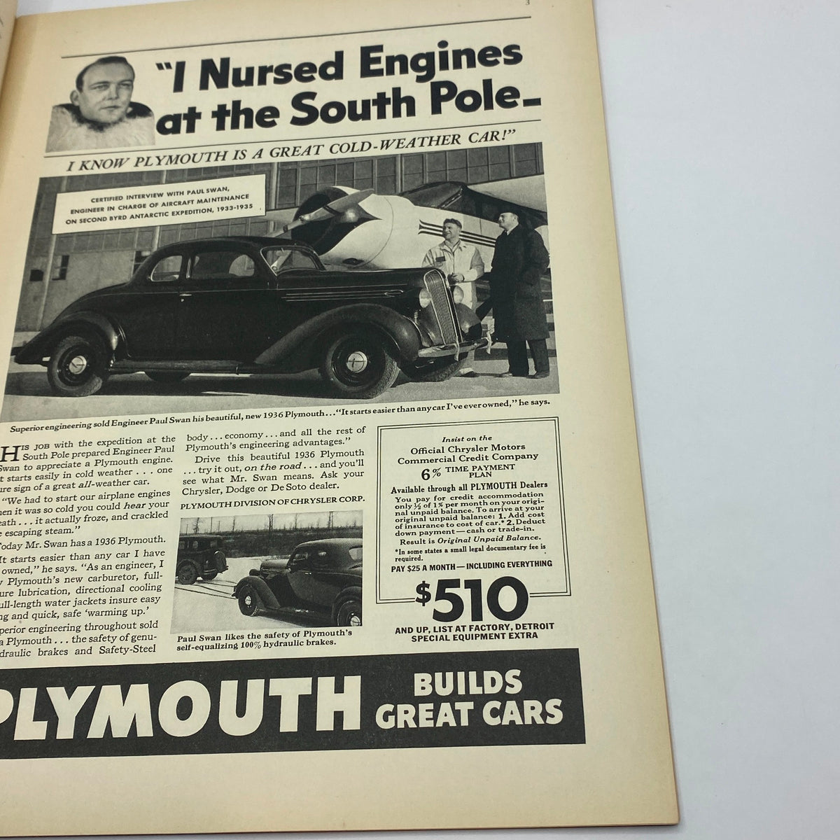 Advertisement page from The New Yorker magazine February 1, 1936, featuring a promotional piece for Plymouth cars with a focus on cold-weather performance.