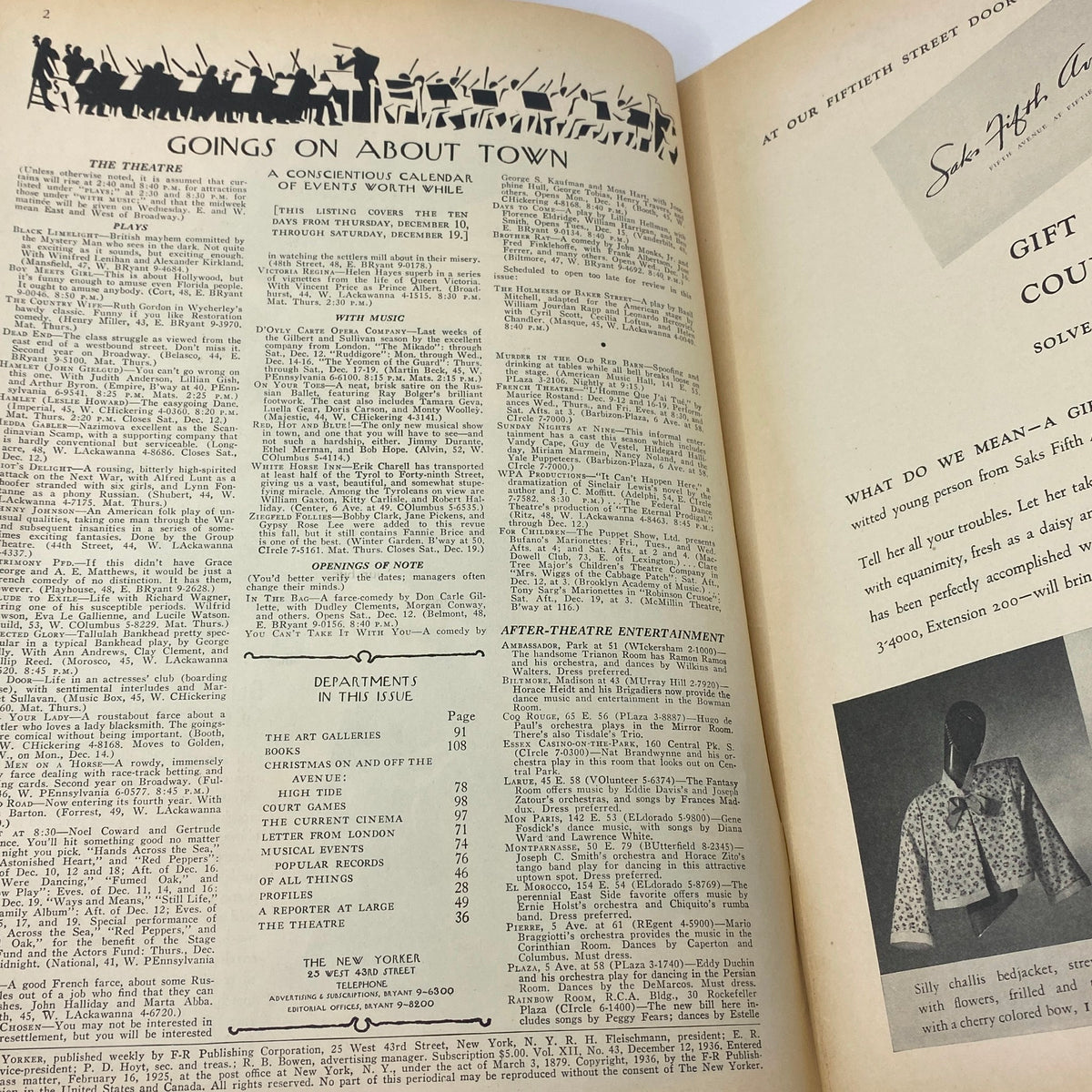 Inside page of The New Yorker magazine from December 12, 1936, featuring the 'Goings On About Town' section, alongside advertisements and listings for cultural events, part of the iconic issue with Harry Brown cover.
