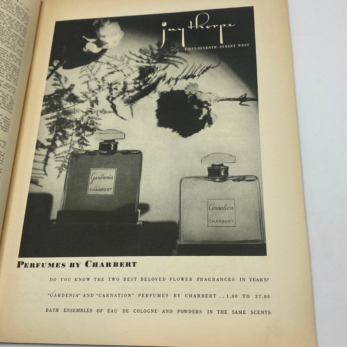 Advertisement feature in The New Yorker magazine May 2, 1936 showcasing 'Perfumes by Charbert' with elegant perfume bottles. Vintage magazine by William Cotton.