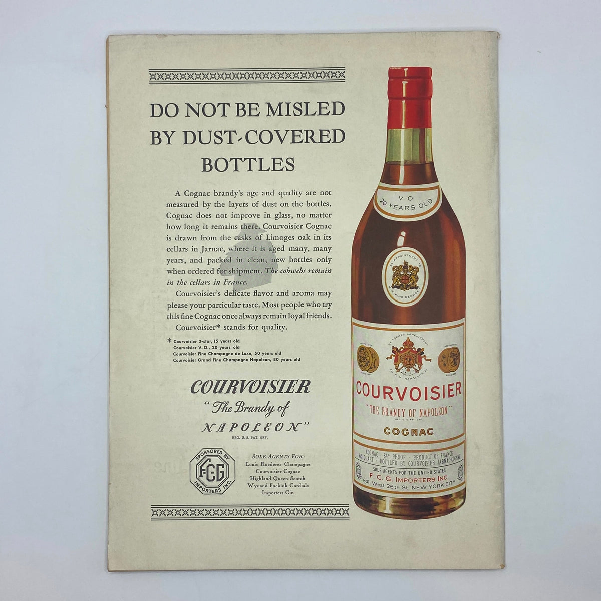 Vintage advertisement for Courvoisier Cognac from The New Yorker magazine, May 9, 1936, featuring a detailed description of the product and an image of the Courvoisier bottle.