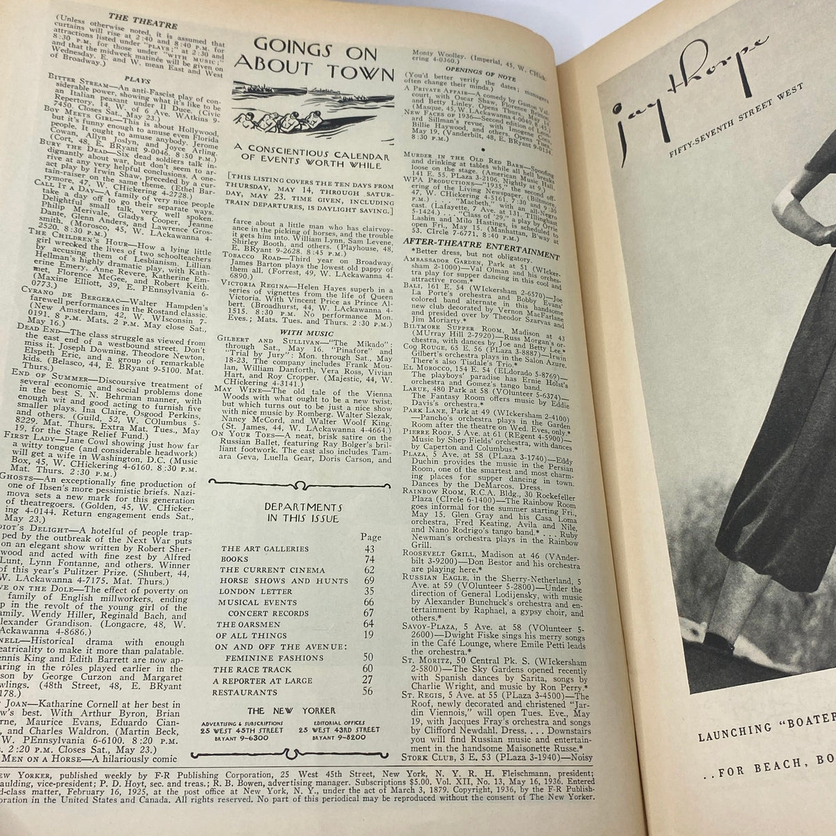Interior pages of The New Yorker Complete Magazine May 16, 1936 showcasing the 'Goings On About Town' section, offering a calendar of events and listings from that era.