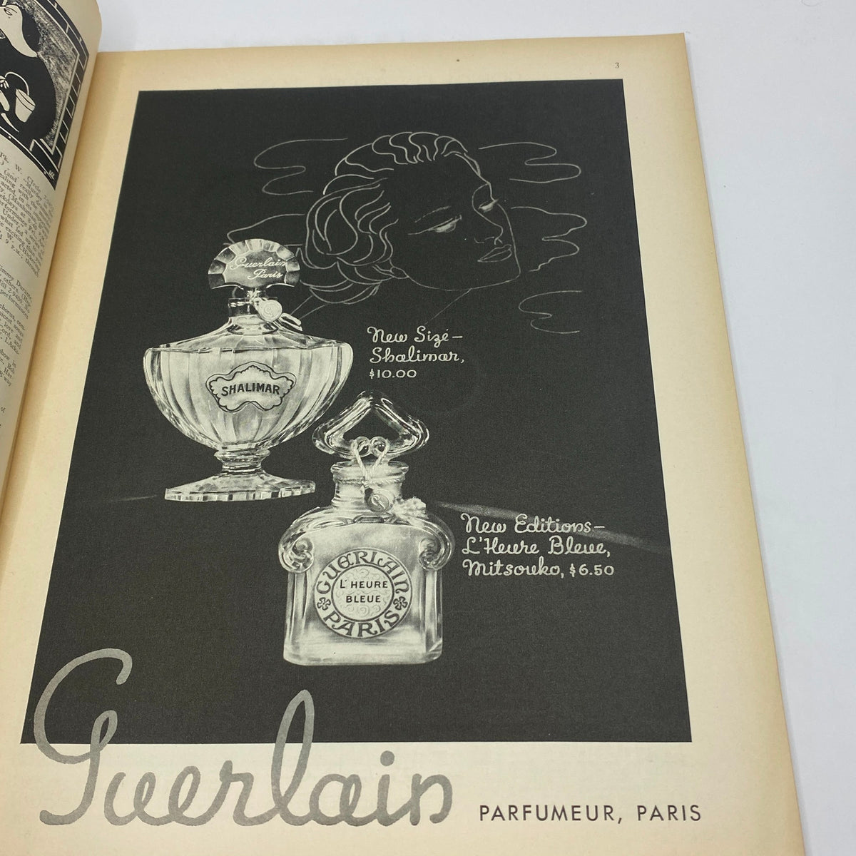 Vintage advertisement for Guerlain perfume featuring Shalimar and L'Heure Bleue. The ad is from The New Yorker Complete Magazine April 14, 1936, showcasing elegant bottle designs against a striking black background.