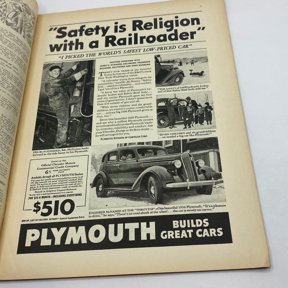 Ad page from The New Yorker Complete Magazine March 28, 1936 showcasing a Plymouth car advertisement with the slogan 'Safety is Religion with a Railroader', highlighting car safety in the 1930s.