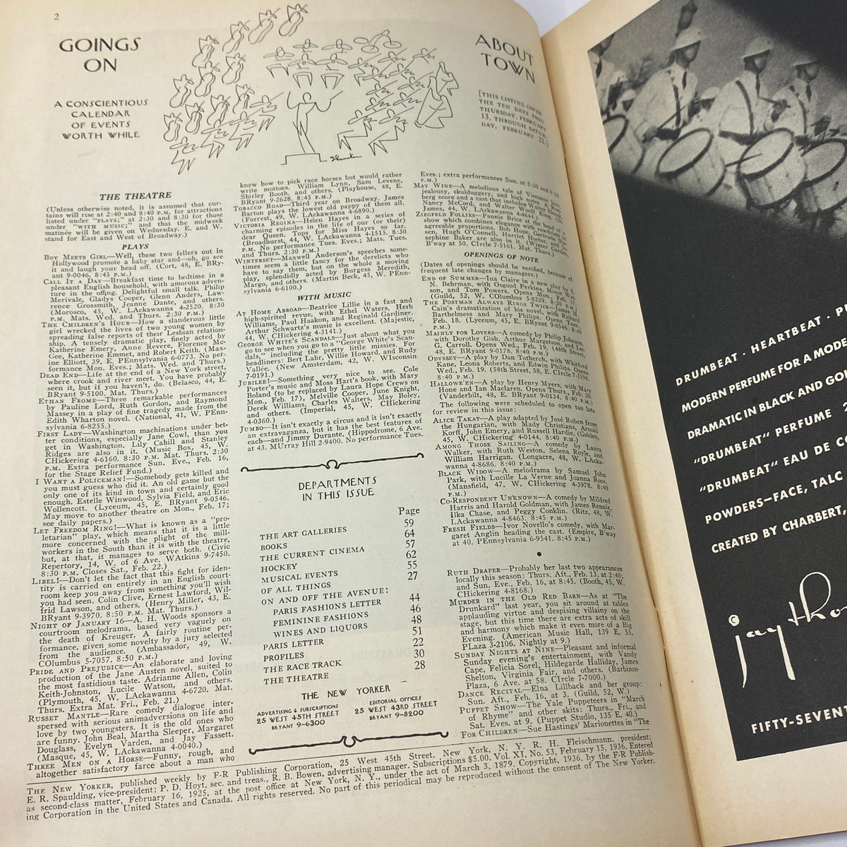 Page from The New Yorker Complete Magazine February 15, 1936 featuring a calendar of events titled 'Goings On' and a section titled 'About Town', showcasing theater and music listings.