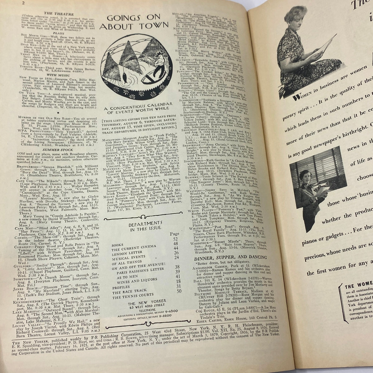 Inside page of The New Yorker Complete Magazine August 8, 1936, featuring articles and events listings from that era, showcasing the magazine's historical context.