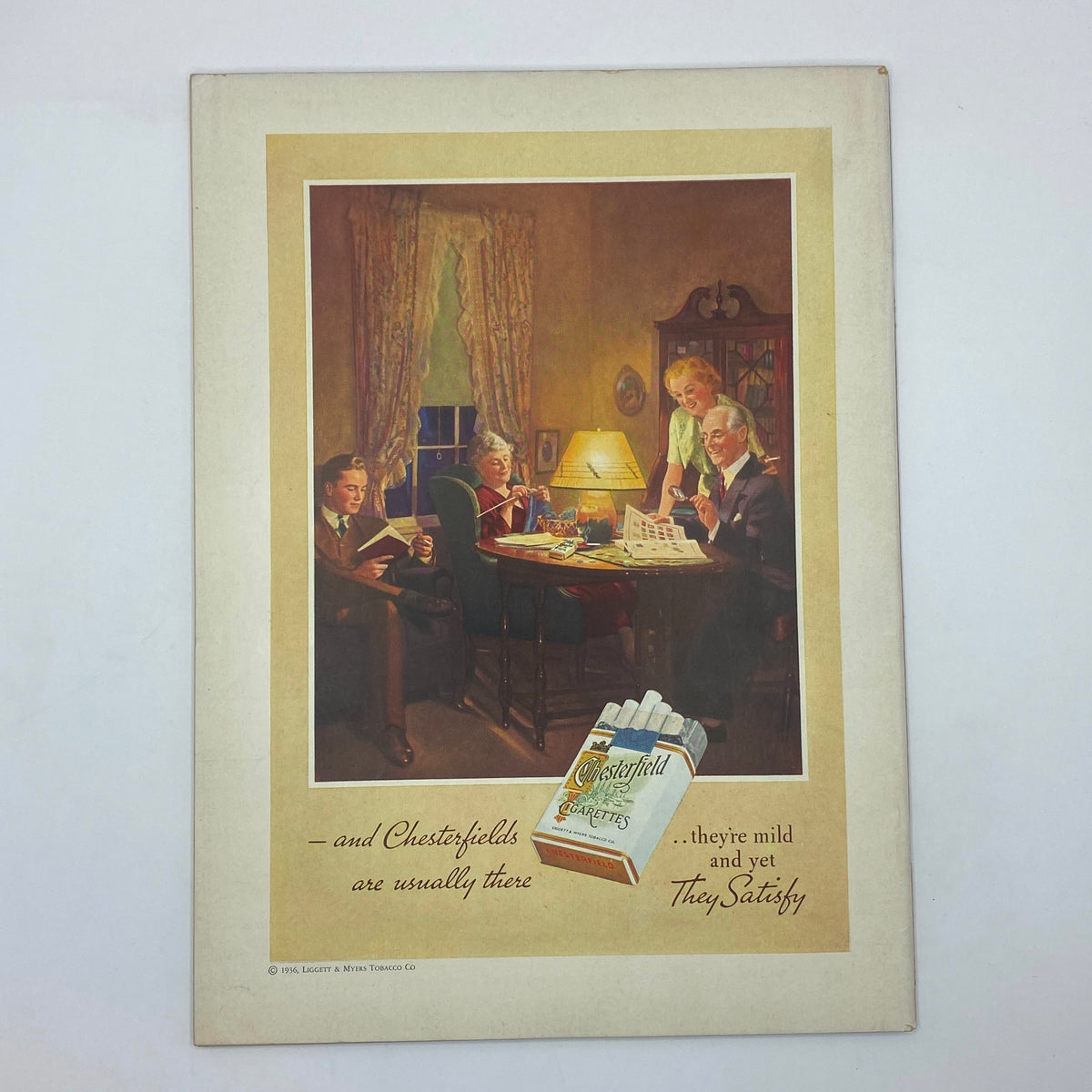 Vintage advertisement for Chesterfield cigarettes in The New Yorker magazine, March 7, 1936, depicting a family gathering and emphasizing the product's qualities.