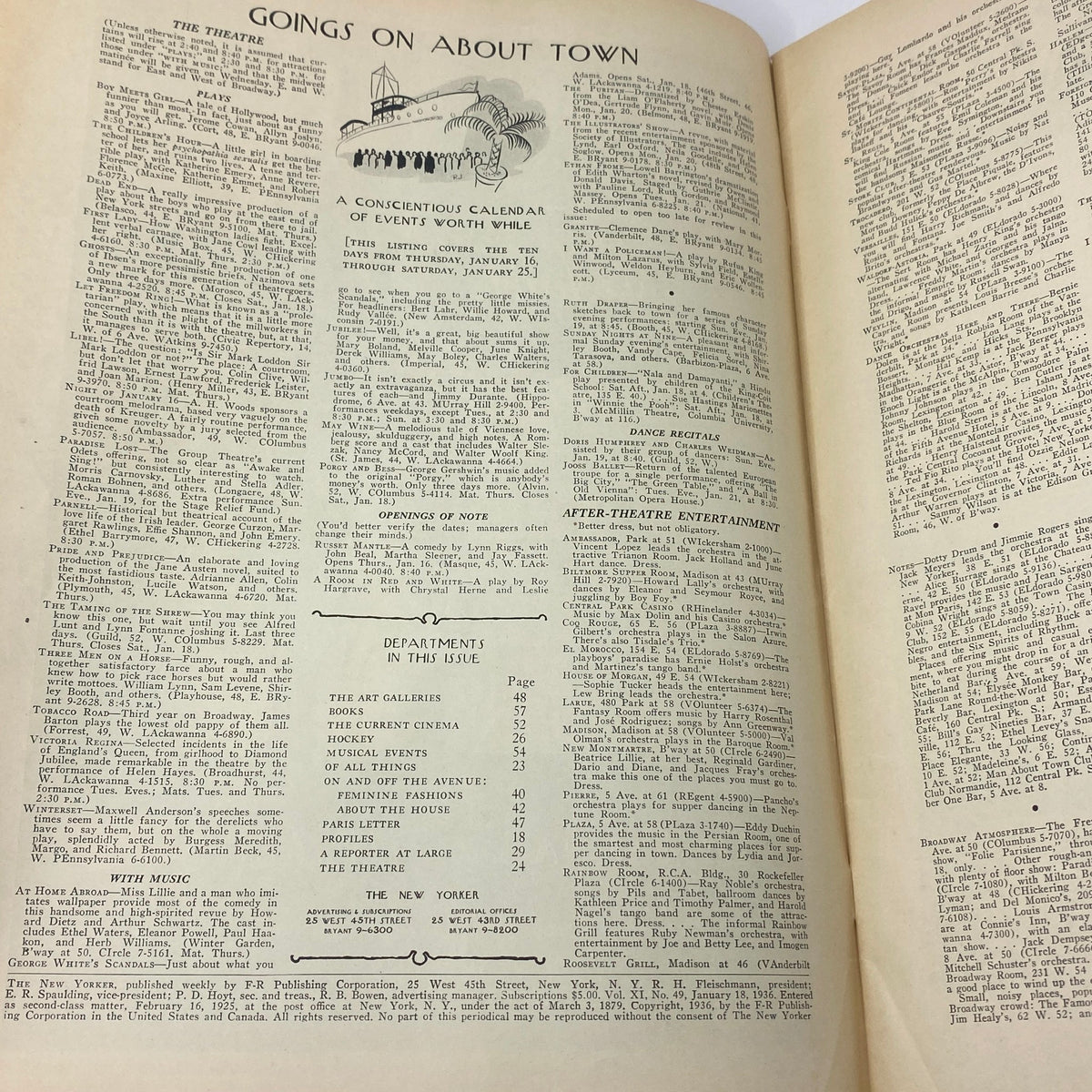 Interior page showcasing 'Goings On About Town' section from The New Yorker Magazine, January 18, 1936, highlighting cultural events and entertainment.