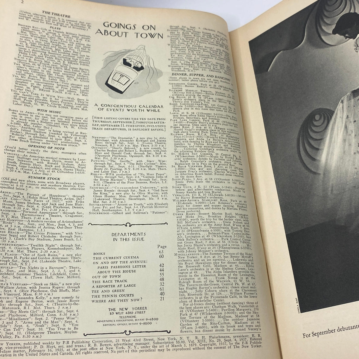 Interior page of The New Yorker magazine from September 4, 1937 featuring the column 'Goings On About Town' with articles covering events and dining options.
