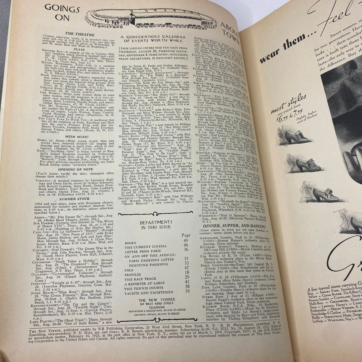 Interior page from The New Yorker Complete Magazine August 28, 1937 featuring event listings and advertisements, showcasing the vintage design and typography of the era.