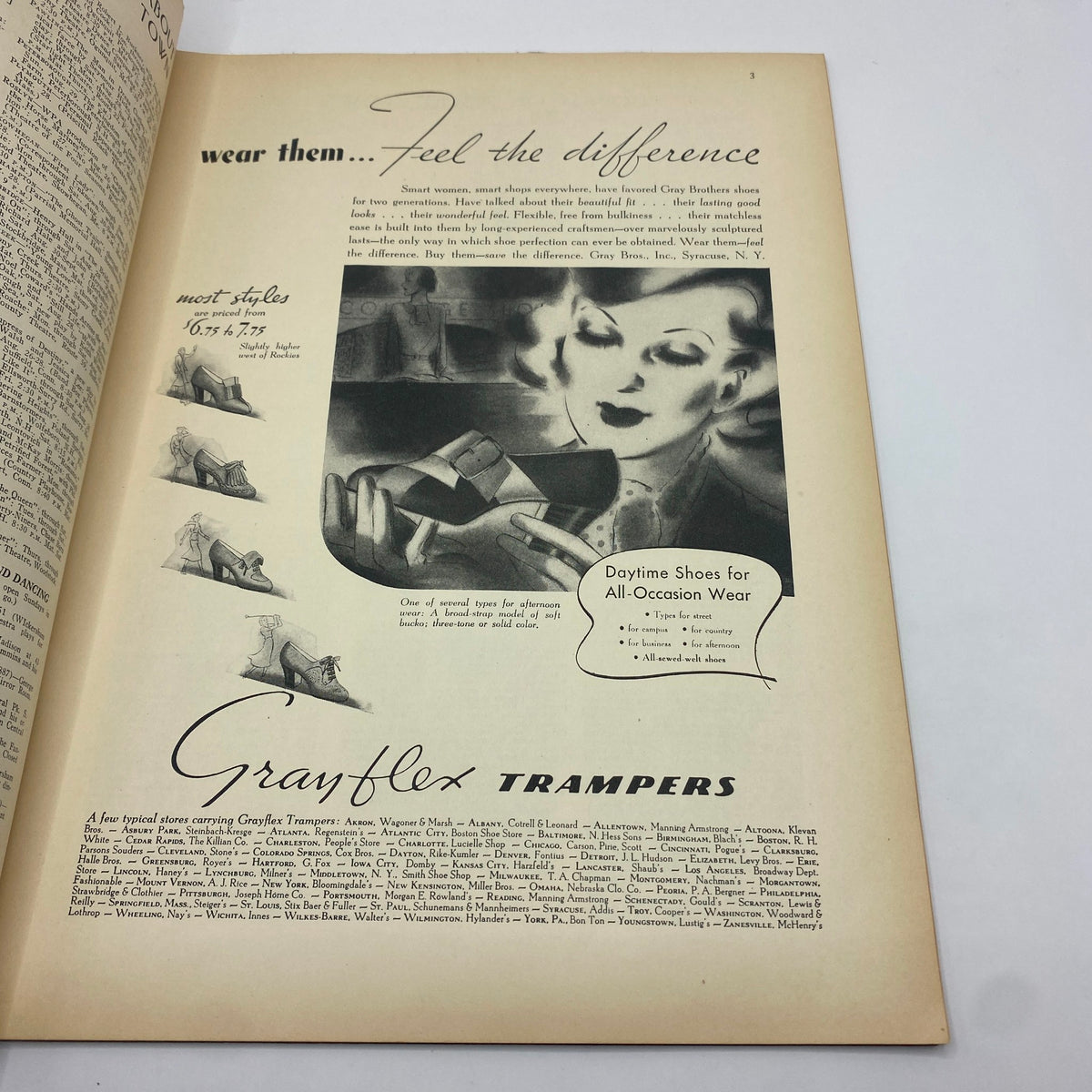 Vintage advertisement for Grayflex Trampers shoes from The New Yorker magazine, August 28, 1937, highlighting stylish footwear with a classic design.