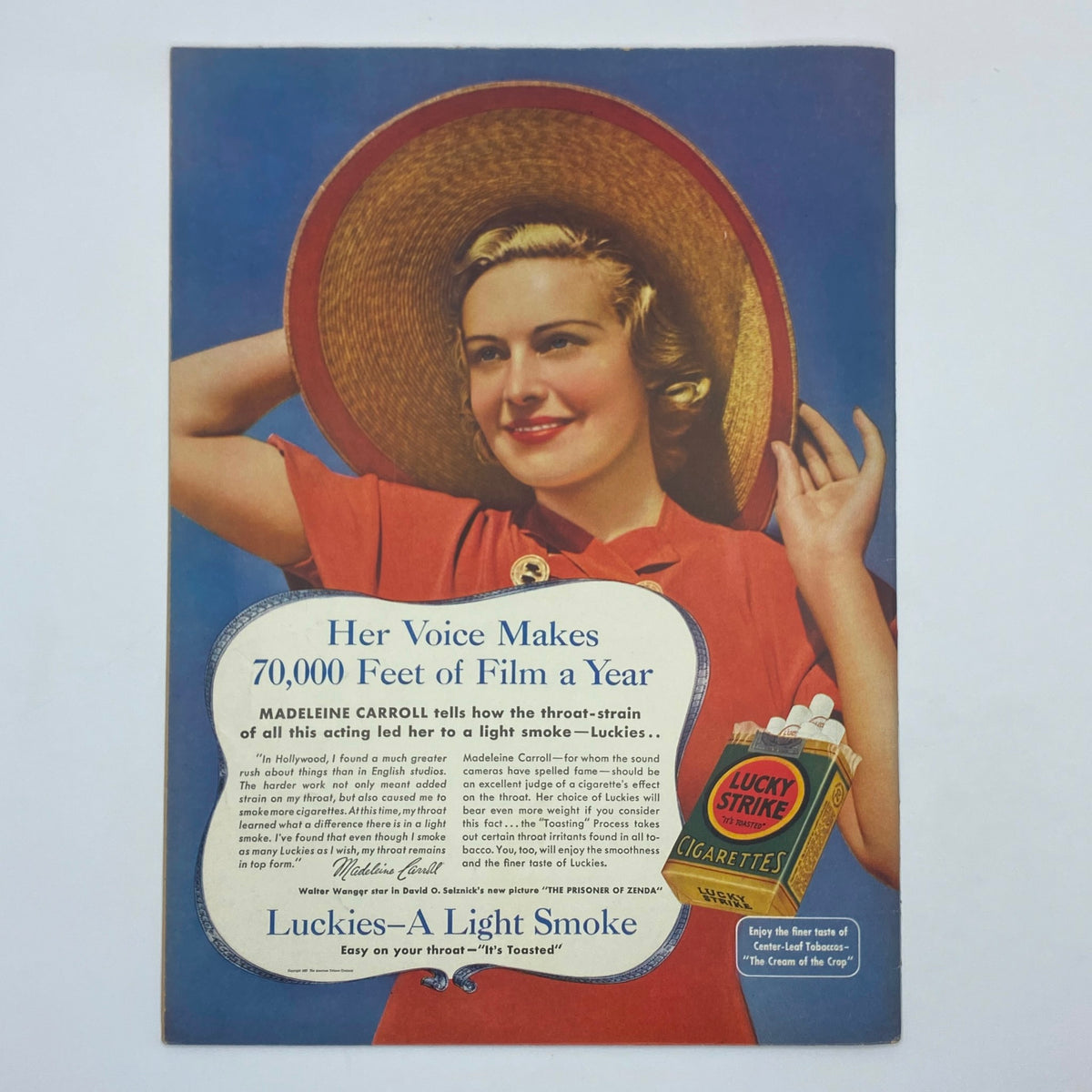 Advertisement featuring actress Madeleine Carroll promoting Lucky Strike cigarettes in The New Yorker magazine, August 28, 1937, showcasing a retro fashion look and classic design.