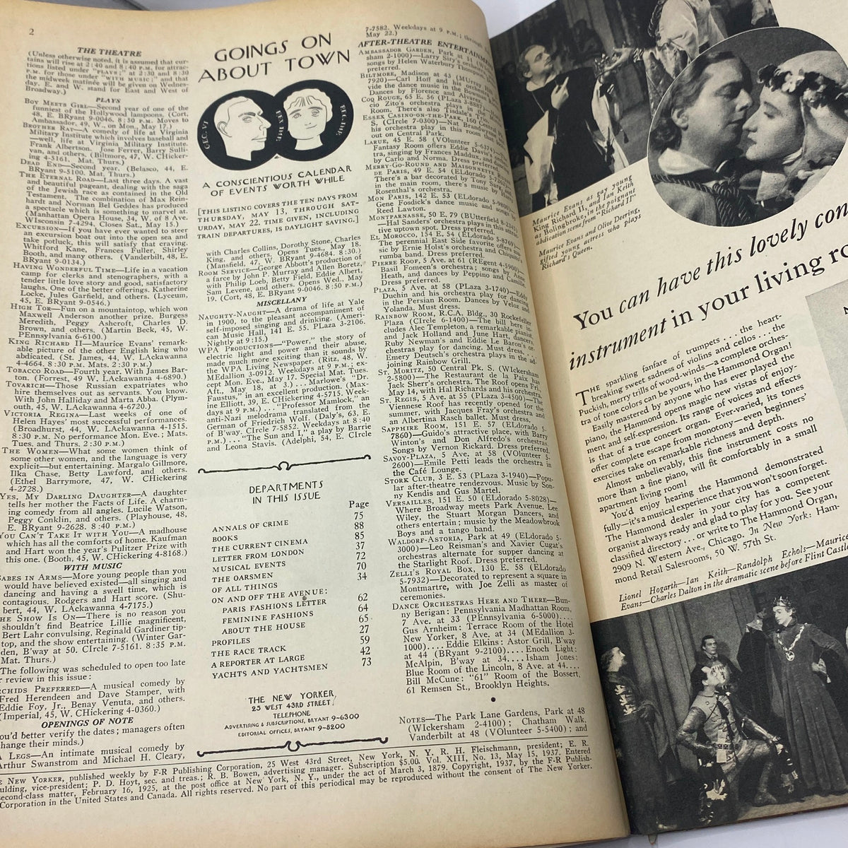 Interior page from The New Yorker magazine, May 15, 1937 issue, featuring the section 'Goings On About Town', showcasing a calendar of events and listings relevant to 1930s New York culture.