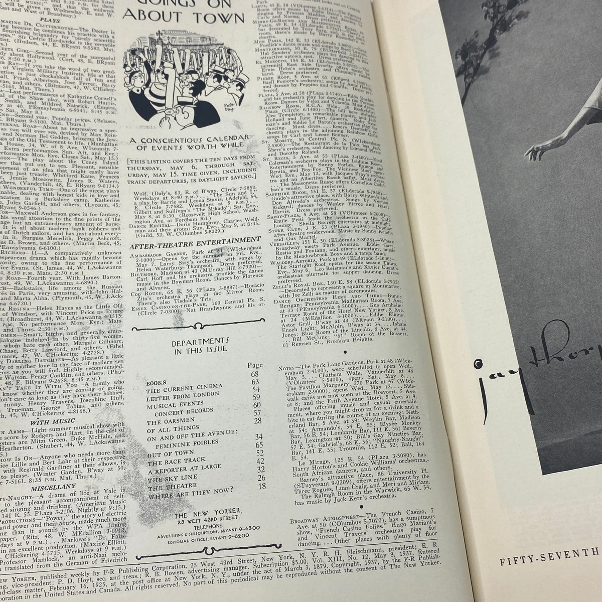 Inside page of The New Yorker, May 8, 1937 issue featuring 'Goings On About Town' calendar and editorial departments, showcasing the magazine's vintage layout.