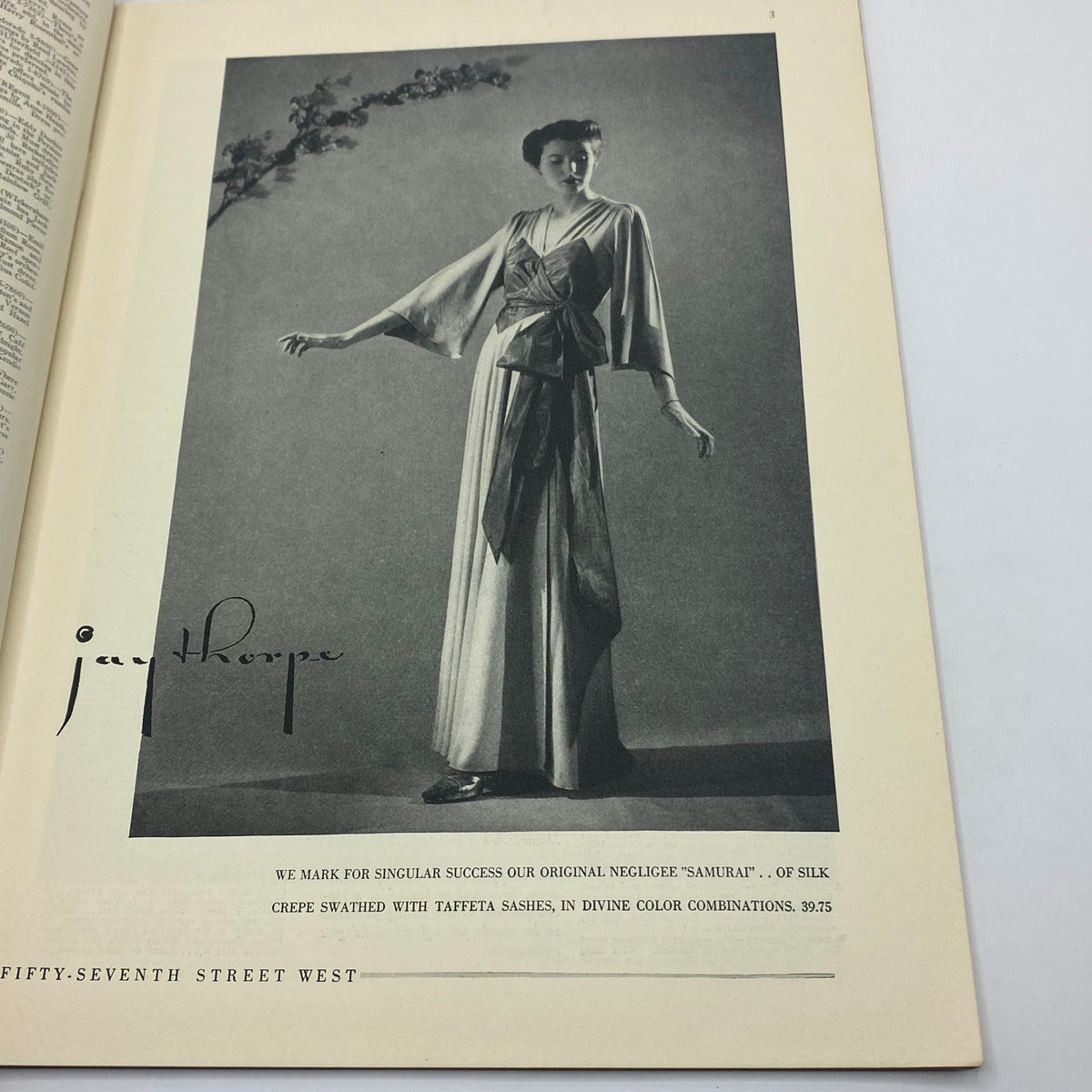 Inside fashion advertisement from The New Yorker, May 8, 1937 issue, highlighting a silk negligee from Jay Thorpe with an elegant model.